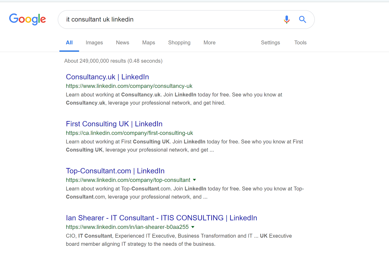 Google Search for IT Consultant UK LinkedIn