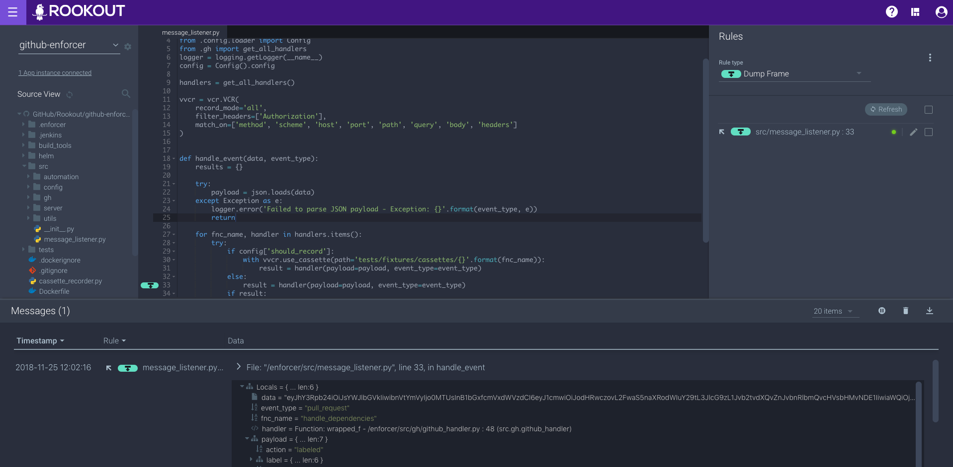 Rookout GitHub enforcer debugging