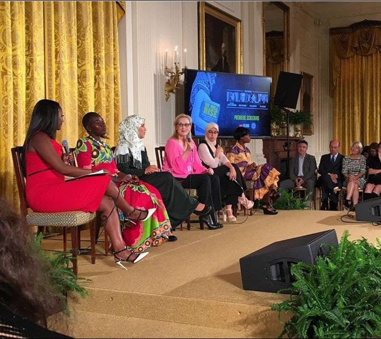 At the White House premier screening of the CNN film "We Will Rise", CNN's Isha Sesay on a panel with Meryl Streep and the g
