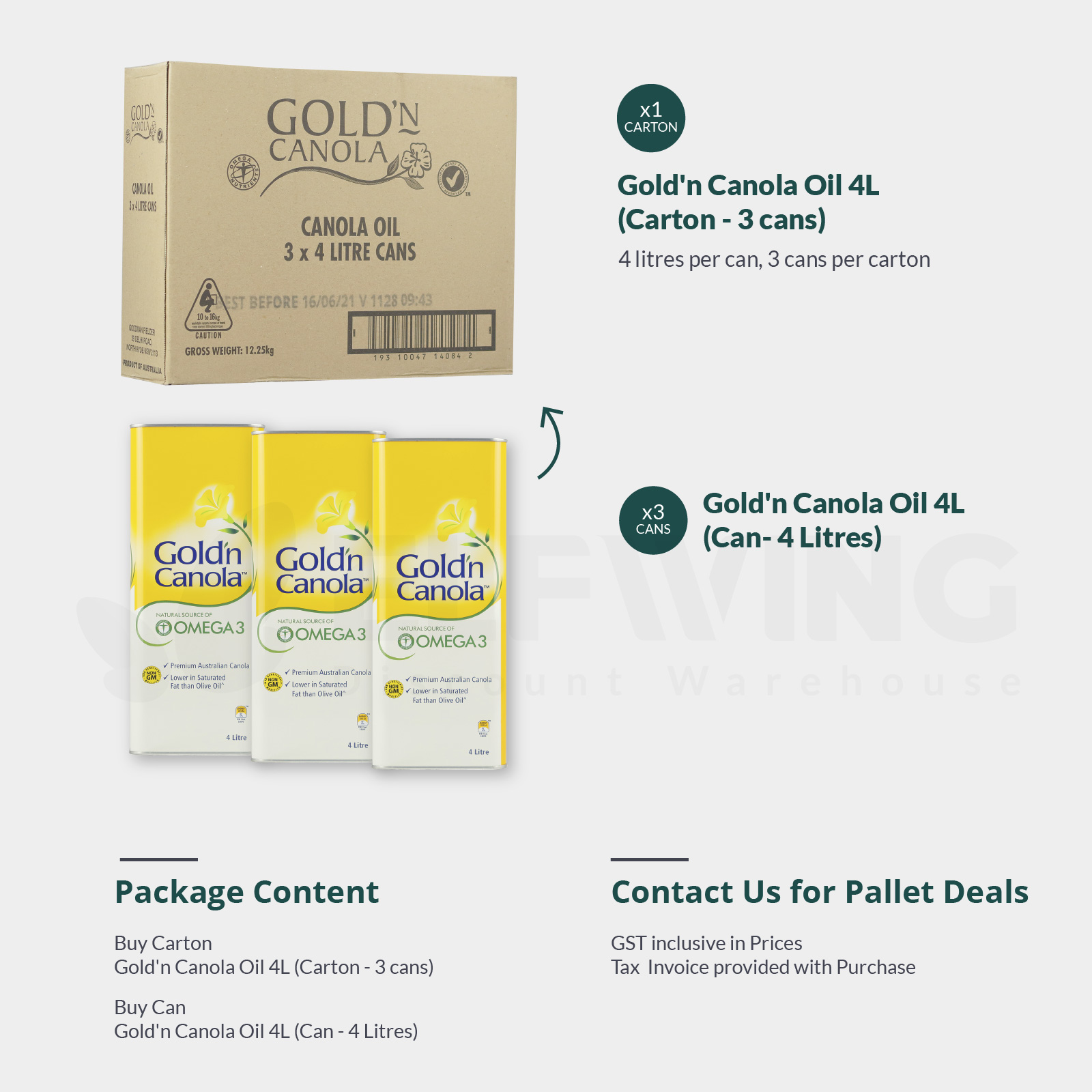 Gold'n Canola Oil 4L, 4 Litres Per can, 3 Cans Per Carton