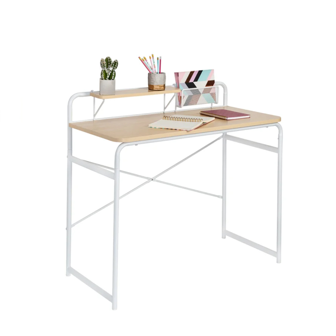 Home Office Computer Desk with Shelf and Metal Mesh Basket in White