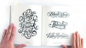 Hand-drawn alphabet with varied styles, from blocky to flowing script.