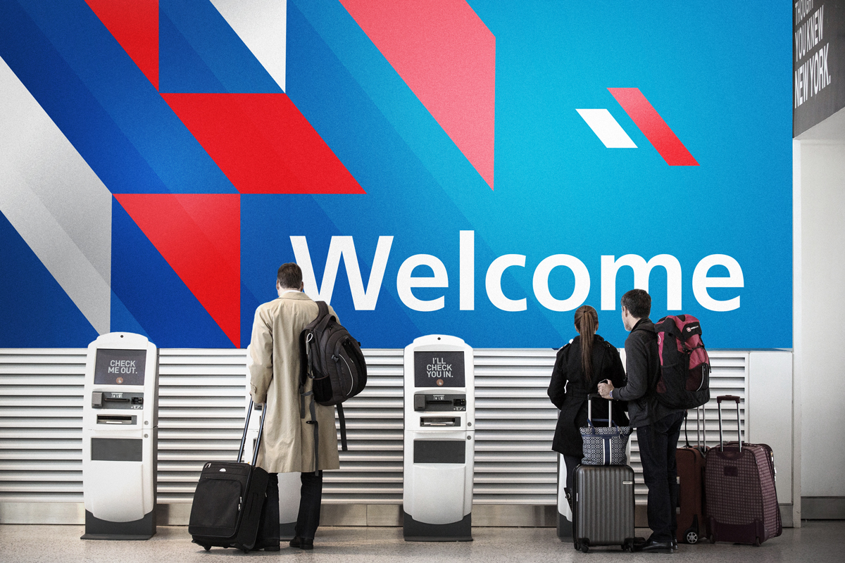 Mockup of airline welcome check-in area