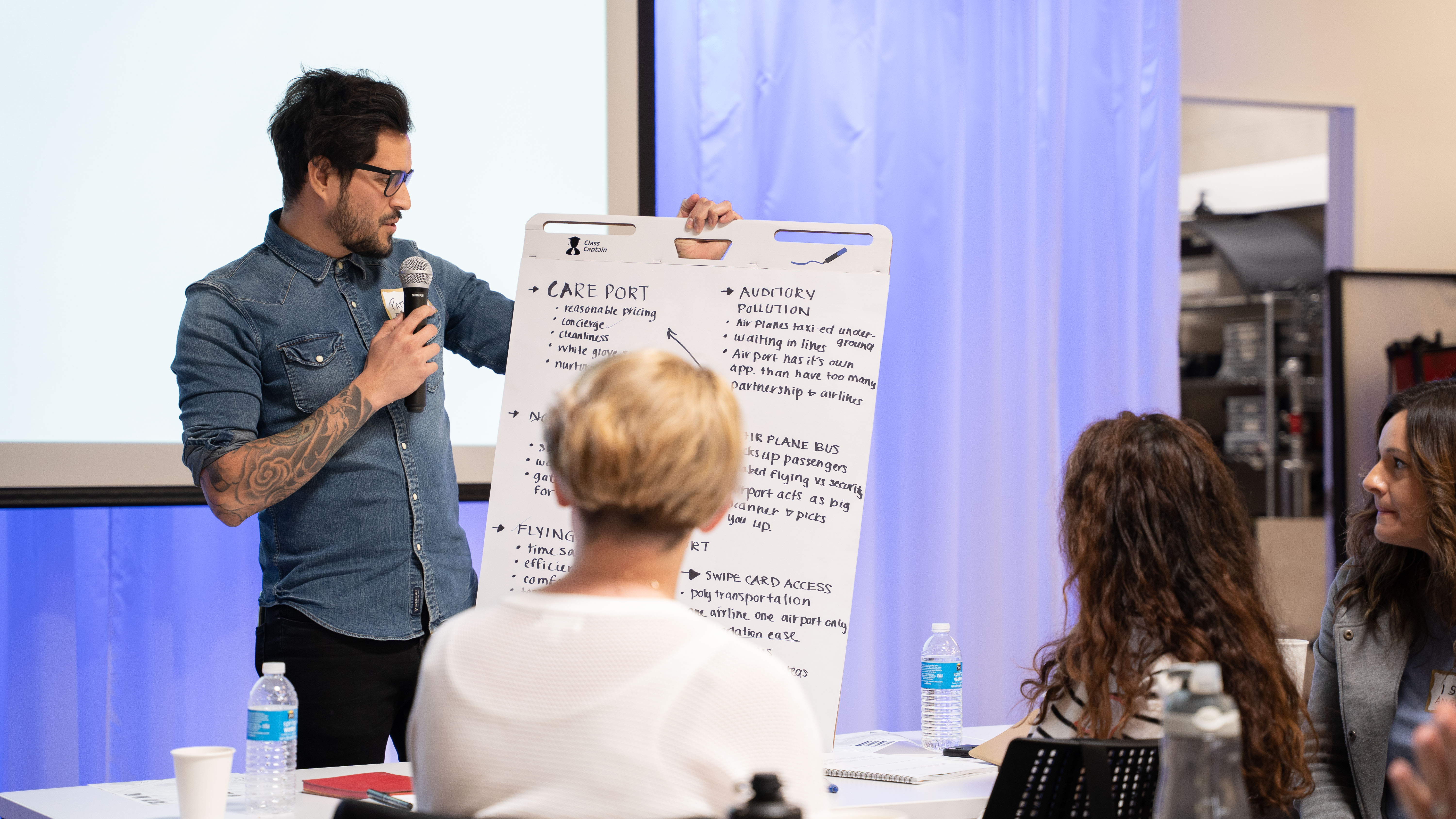 A designer shares his brand identity concept with workshop participants.