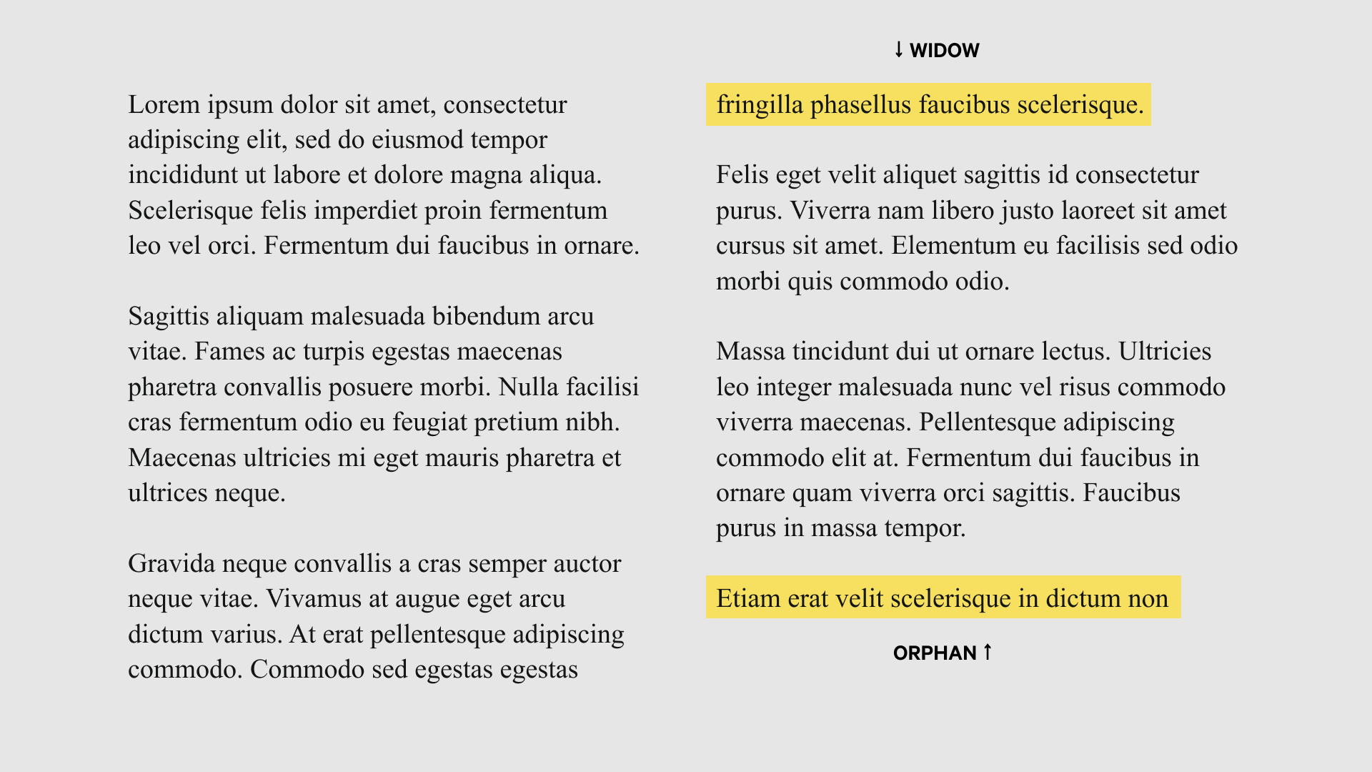 Illustrating orphan and widow lines in text, a typography crime.