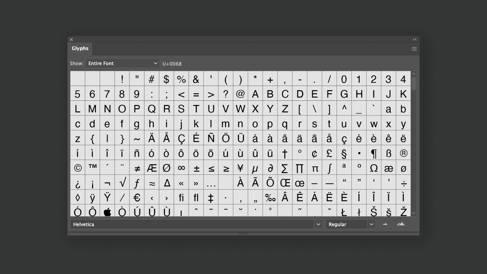 Typography FAQ: Panel showing different glyphs for a typeface.