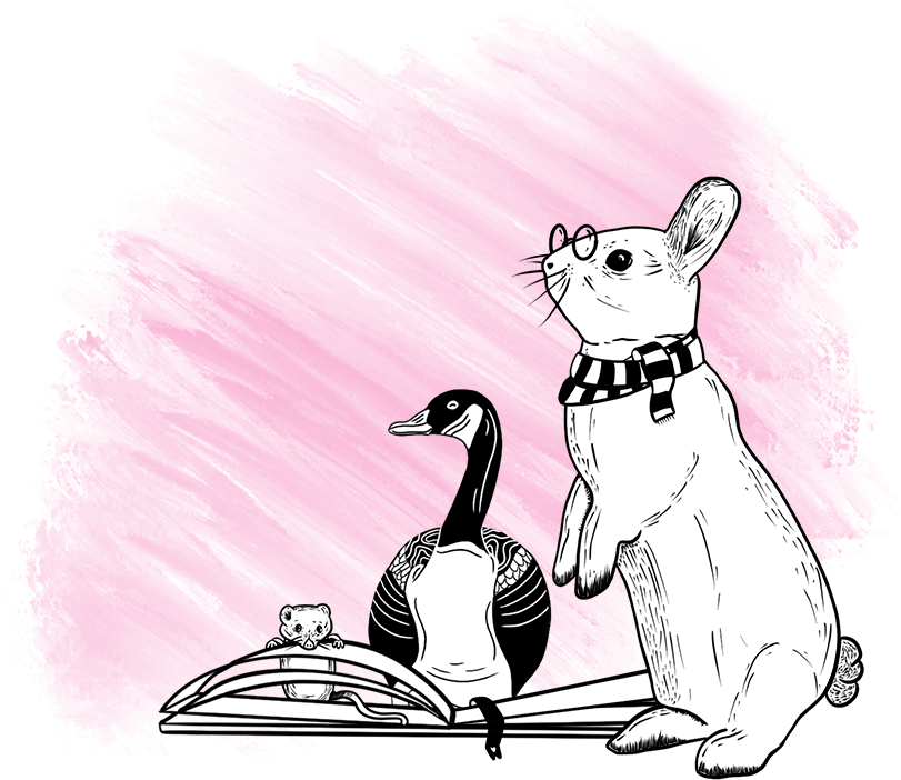 A rabbit, goose, and mouse around an open book