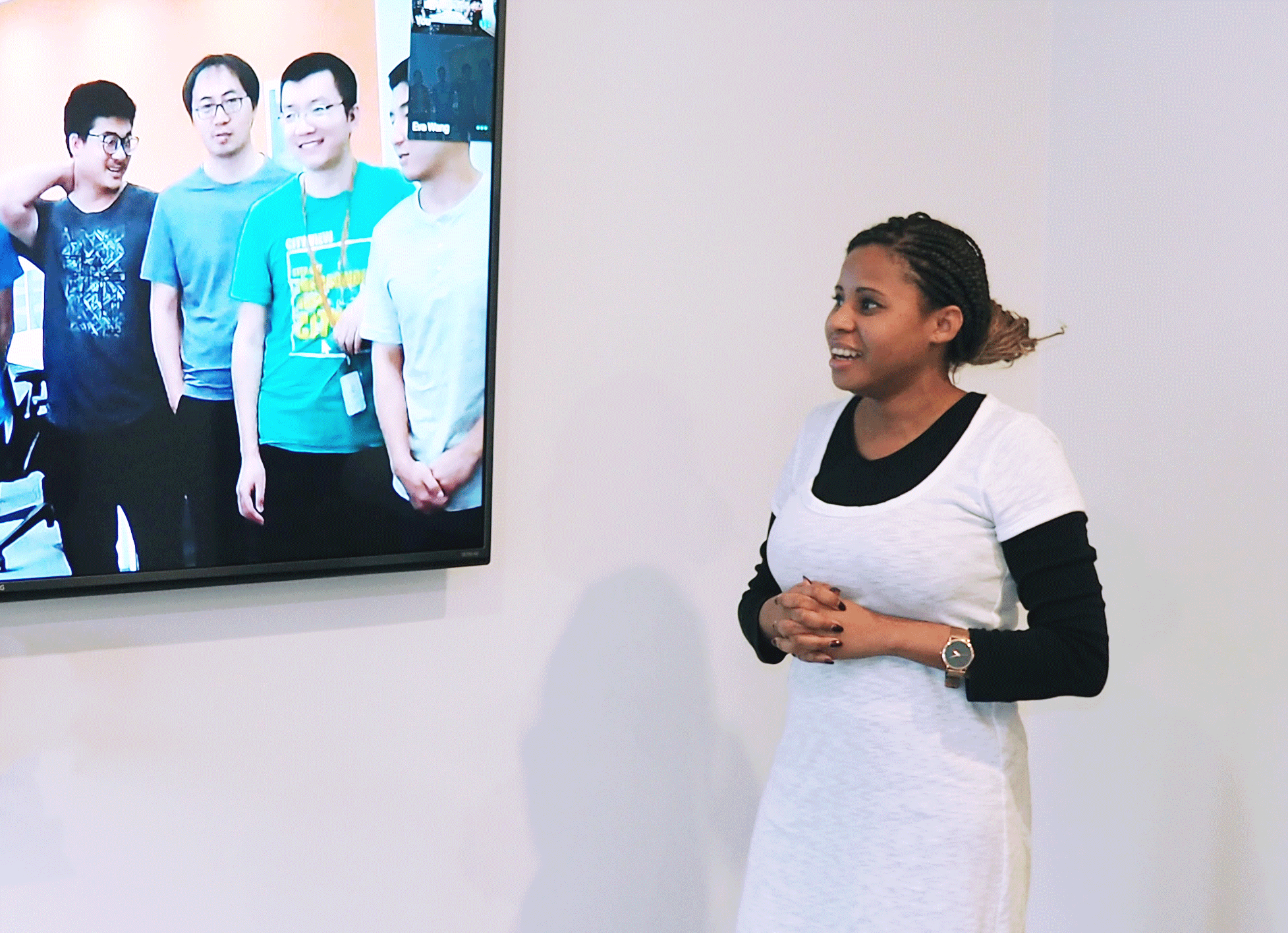 Technical video call, two people, business analyst, post it notes, post it discussion, conference room, happy work conversation, technology consulting