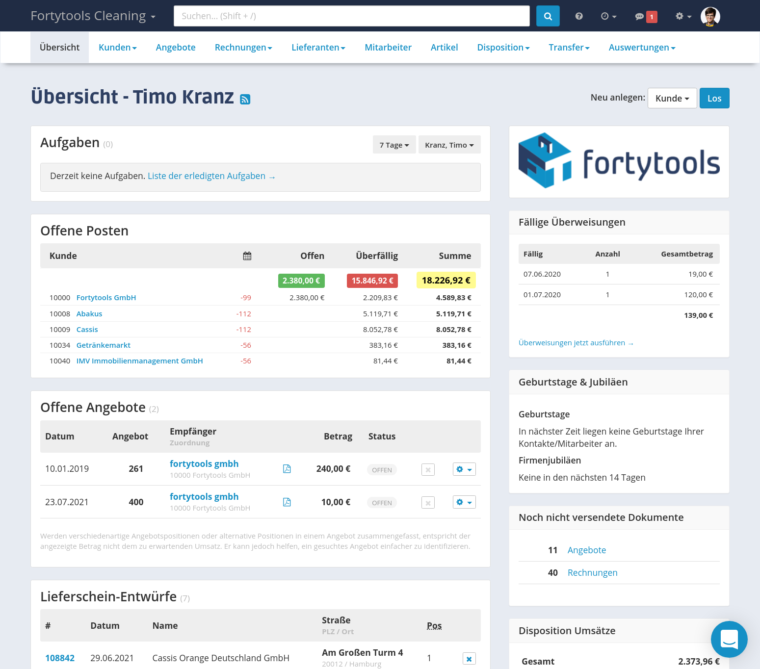 Die "Startseite" von Fortytools: Auf der Übersicht sind immer alle wichtigen Informationen auf einen Blick verfügbar.