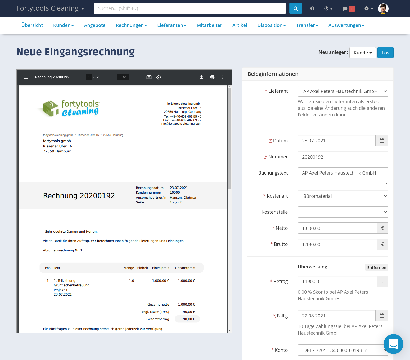 Eingangsrechnungen einfach erfassen und Lieferanten zuordnen, inklusive E-Mail Eingang für digitale Rechnungen.