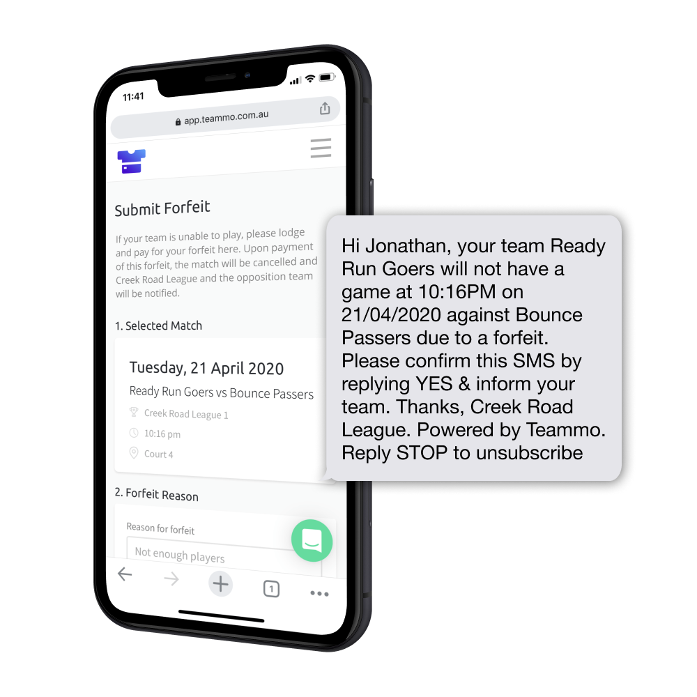 Screenshot of Teammo's forfeit screen, where team managers can lodge and pay for a forfeit online.