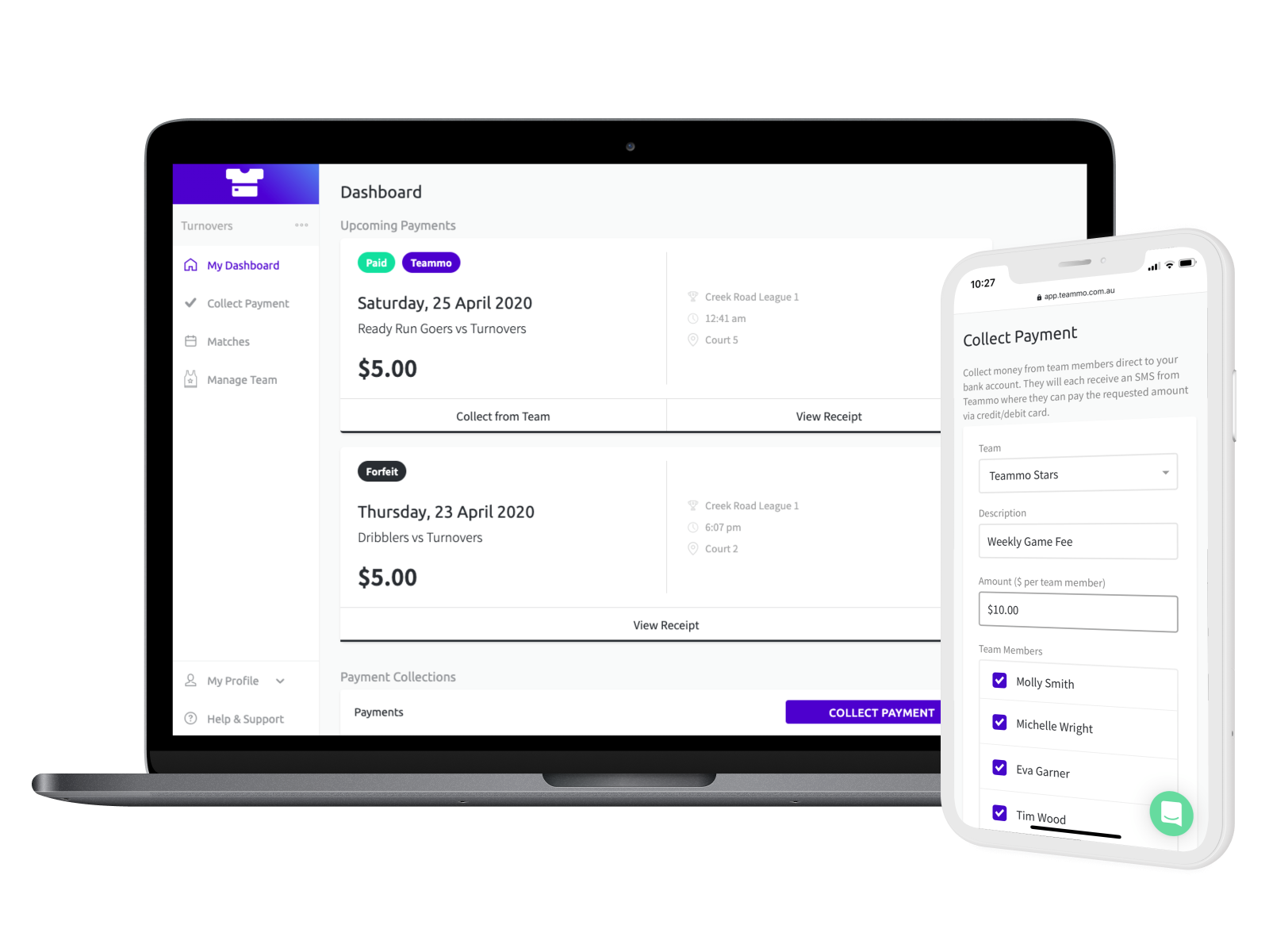 Screenshots of the Teammo platform for team managers on desktop and mobile