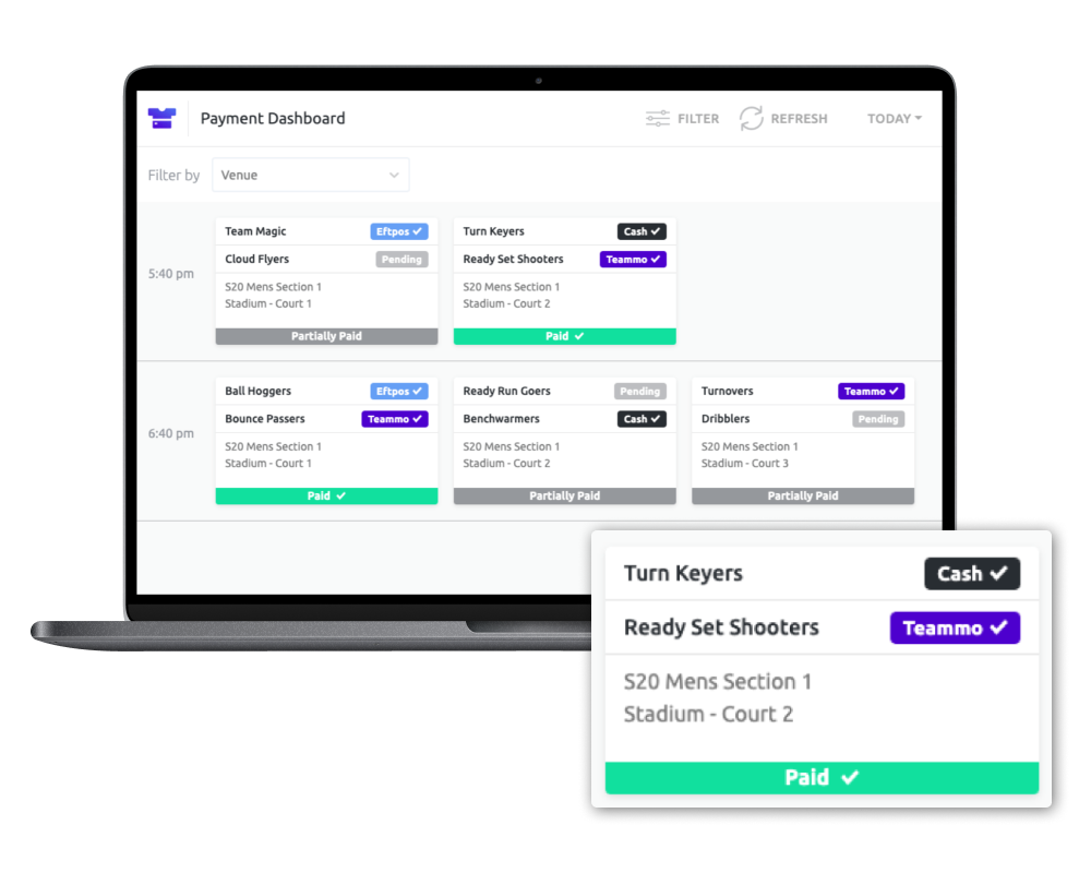 Screenshot of the game day dashboard that associations can use to track payments.