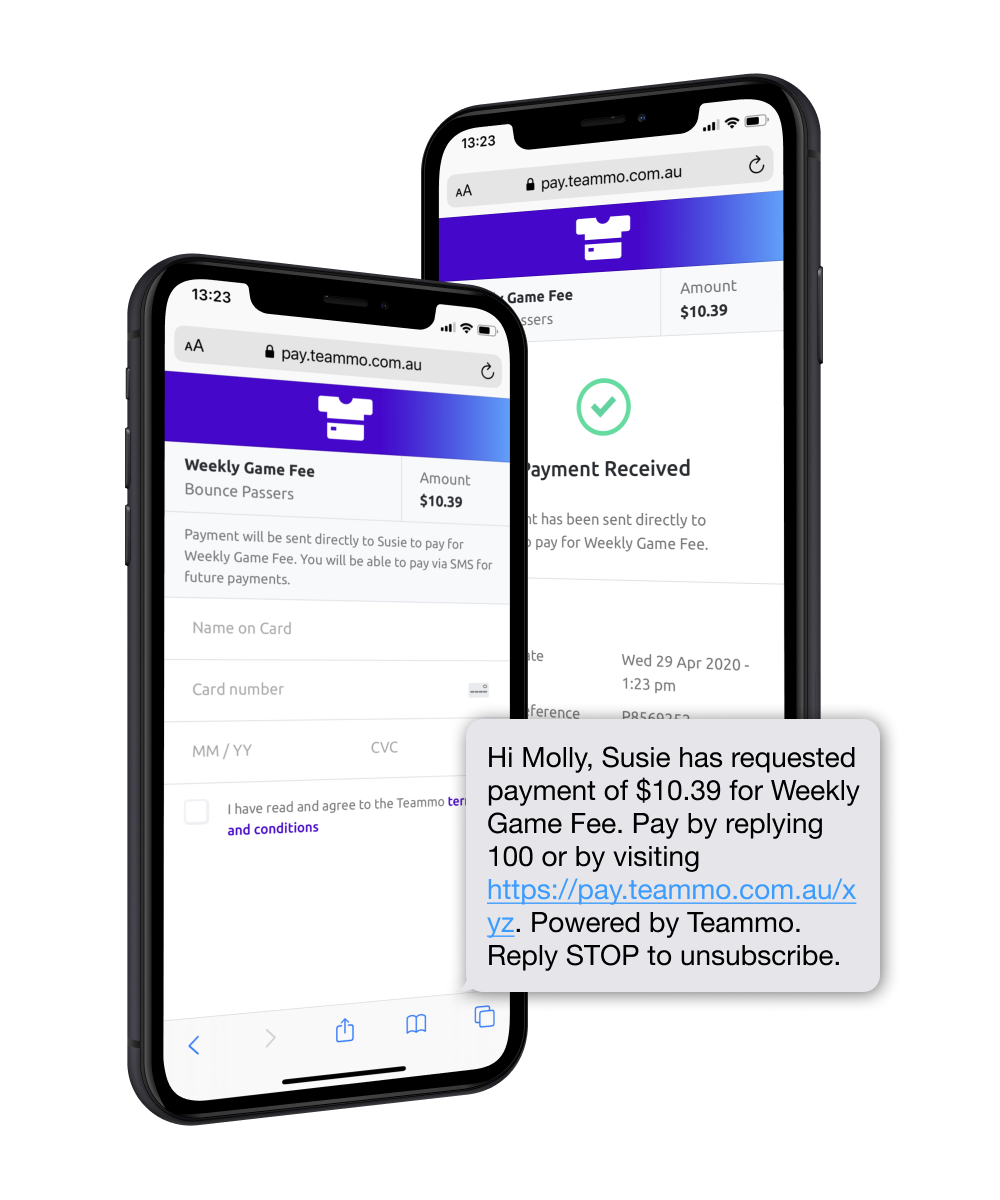 Screenshots of what a team member receives when a team manager sends a payment request.