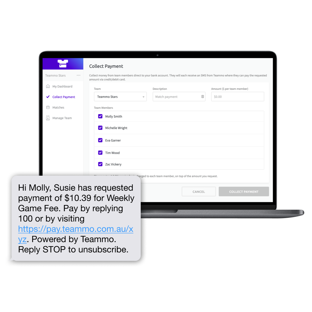 Screenshot of Teammo's collect payment screen, where team managers can request money from team members.