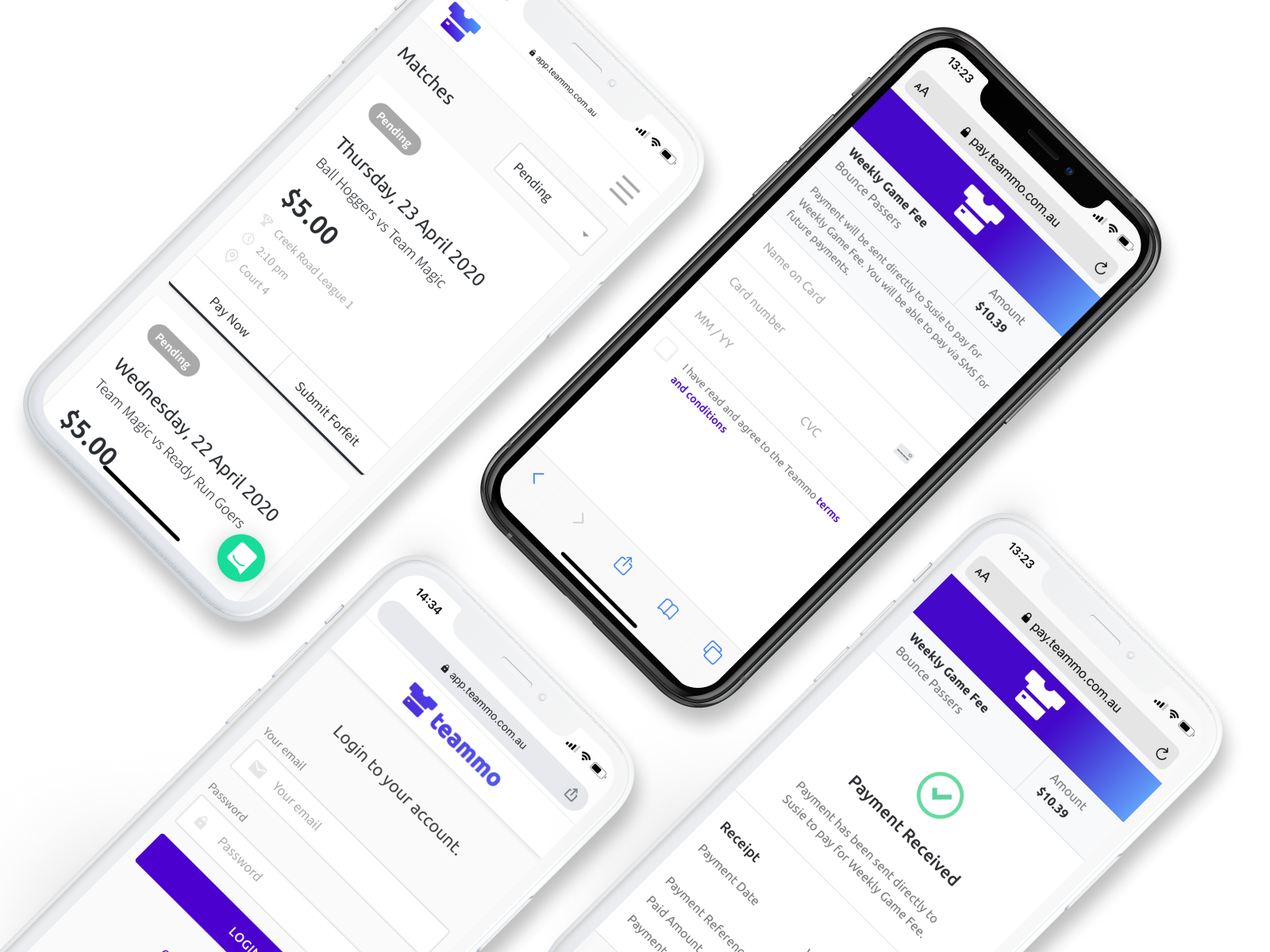 Screenshots of the Teammo platform for how players and team managers can engage with it