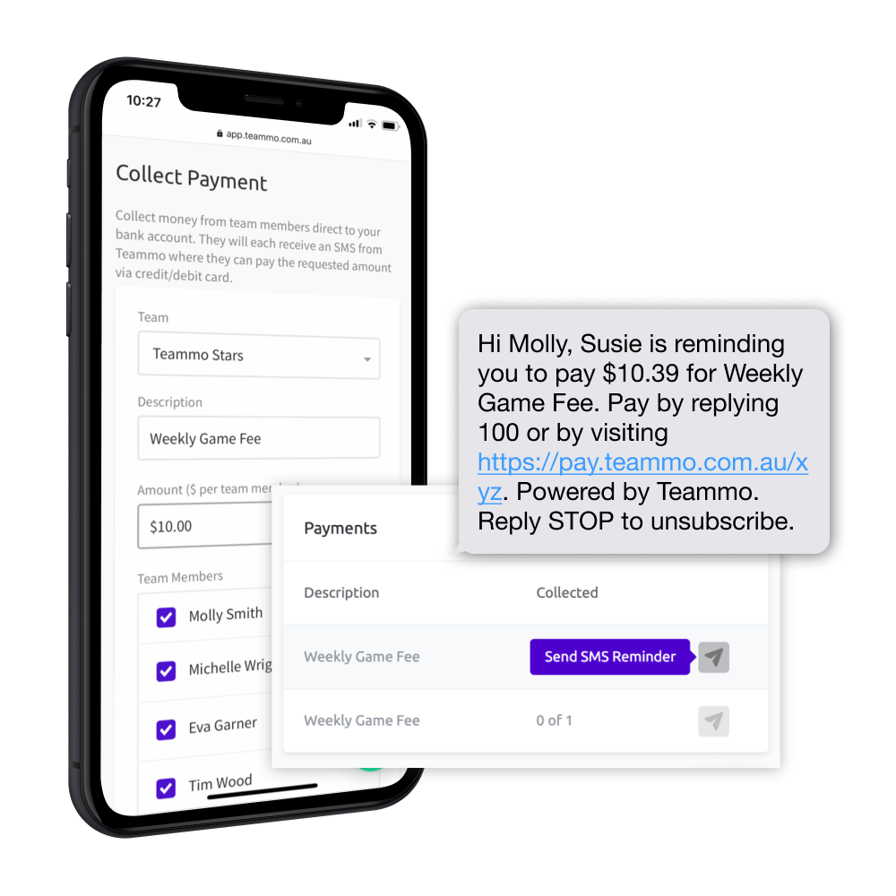 Screenshots of how team managers can send payment reminders to team members