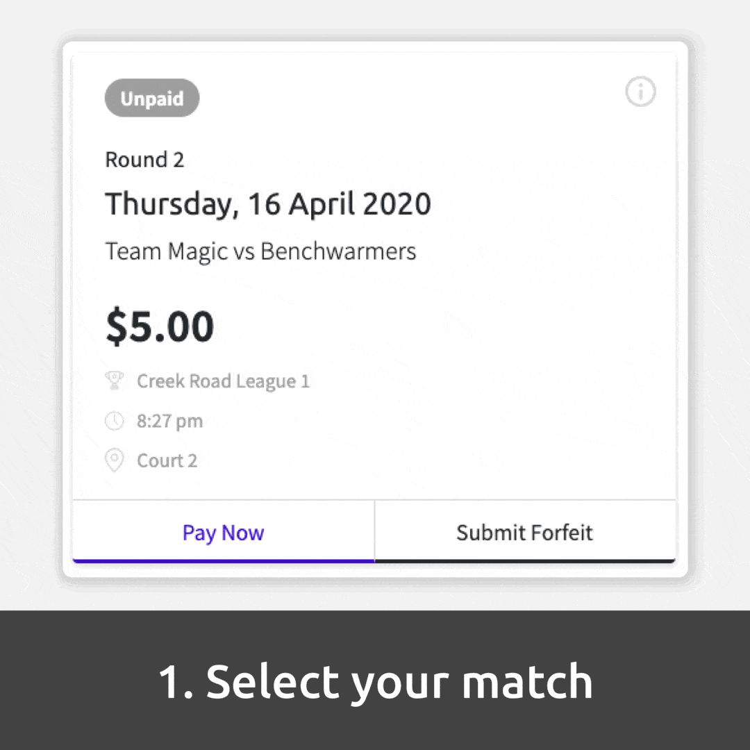 GIF showing the three steps to pay for your team sheet fee using Teammo