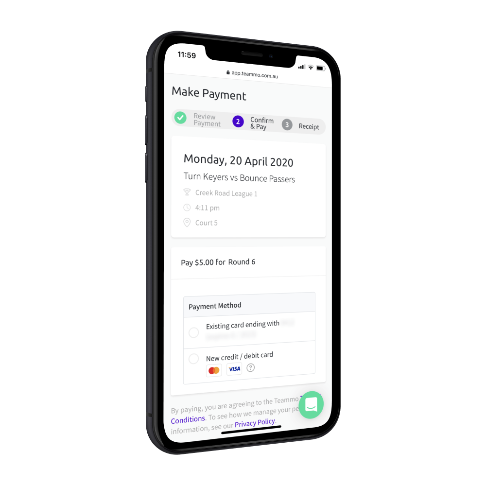 Screenshot of Teammo's match payment screen, where team managers can pay for games to their league or association.
