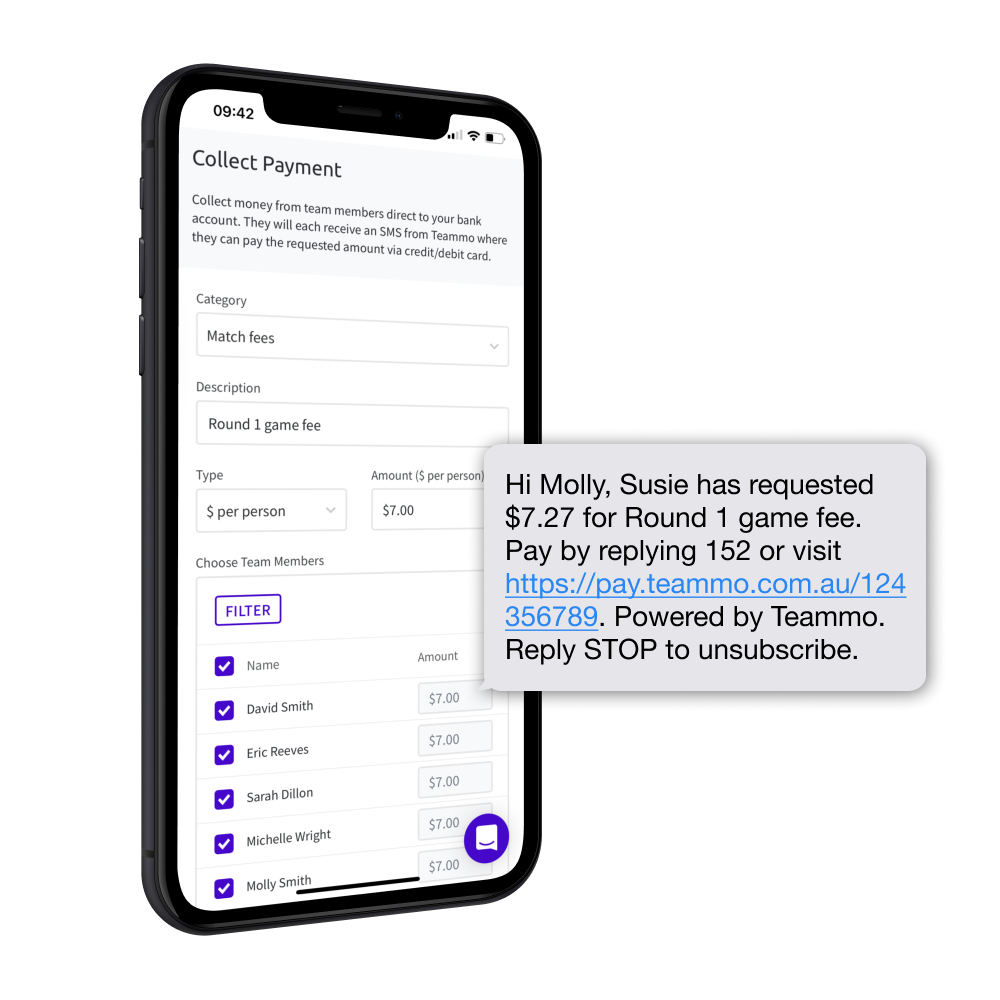 Screenshot of Teammo page where team managers request money from team members and an SMS is sent with a link to pay