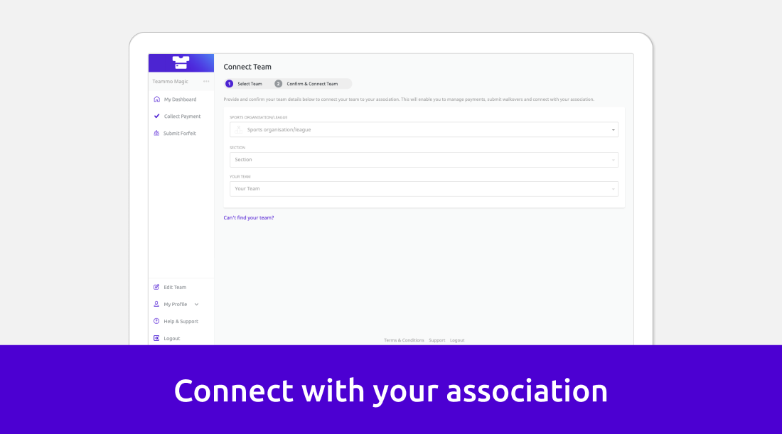 Form to connect your team with Teammo affiliated sports clubs and associations