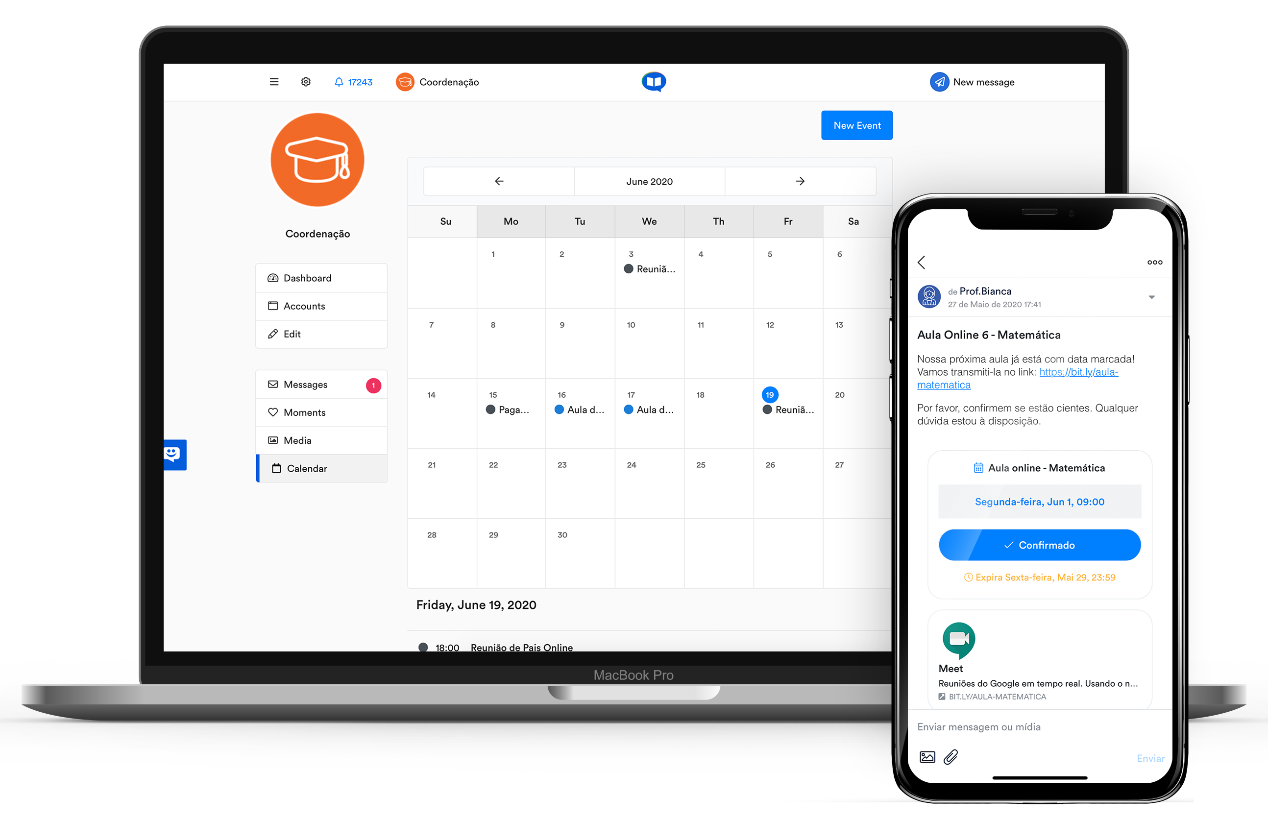 Notebook e celular com o calendário virtual do ClassApp - aplicativo que oferece recursos tecnológicos online que professores podem usar para melhorar a comunicação escolar