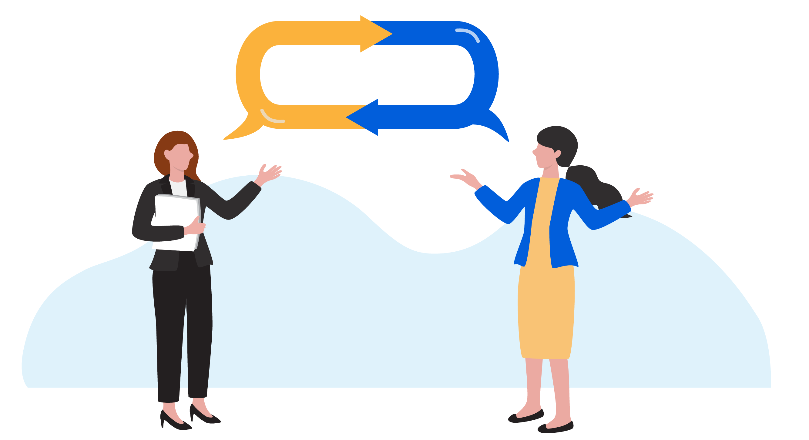Ilustração mostrando um diretor e um professor dando feedback um ao outro e praticando a escuta ativa