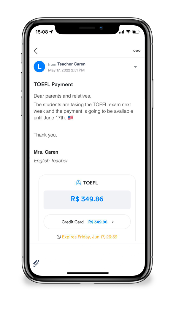 Mockup do app ClassApp mostrando cobrança de prova internacional como TOEFL e IELTS