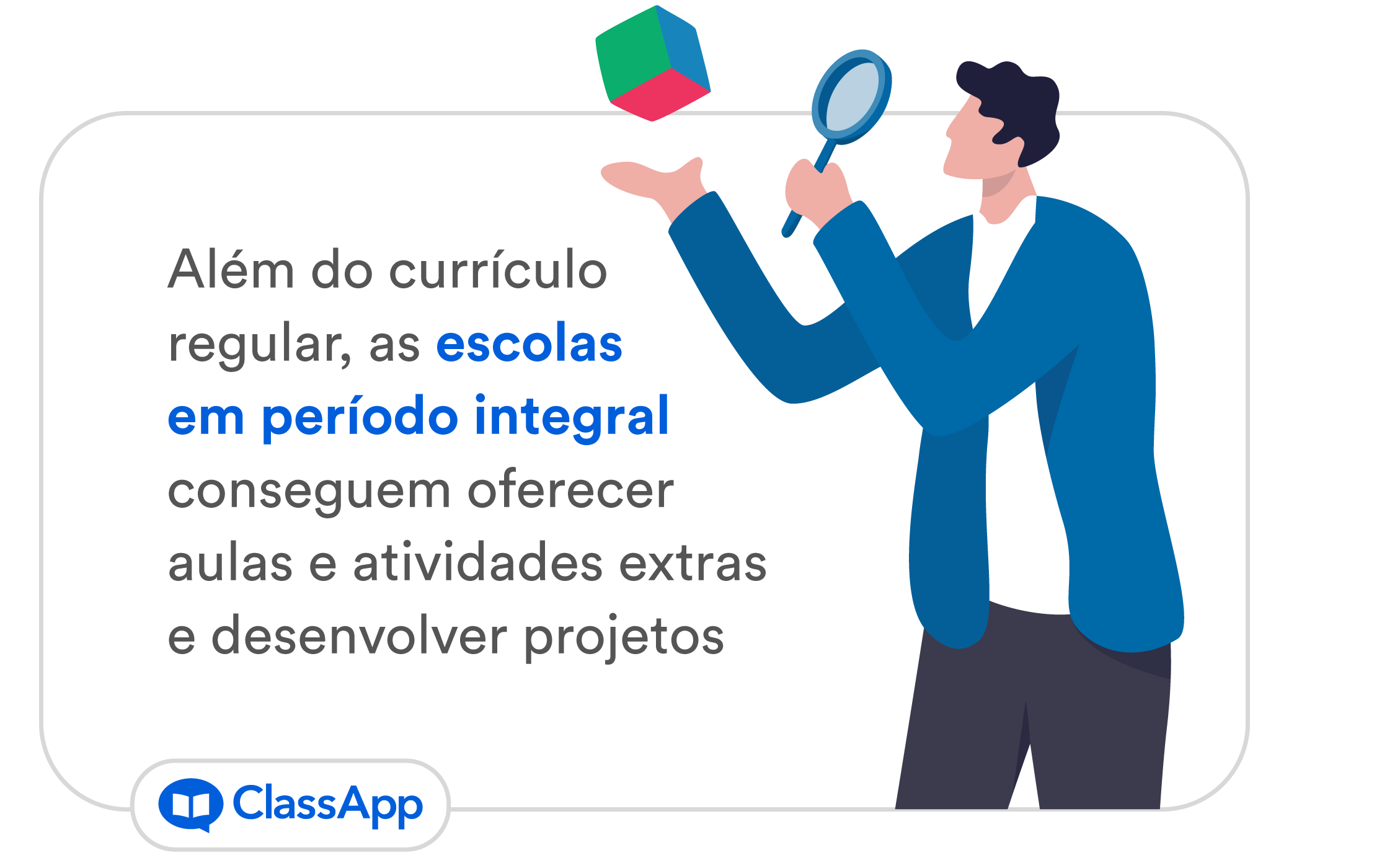 Arte escrito "Além do currículo regular, as escolas conseguem oferecer aulas e atividades extras e desenvolver projetos experimentais."