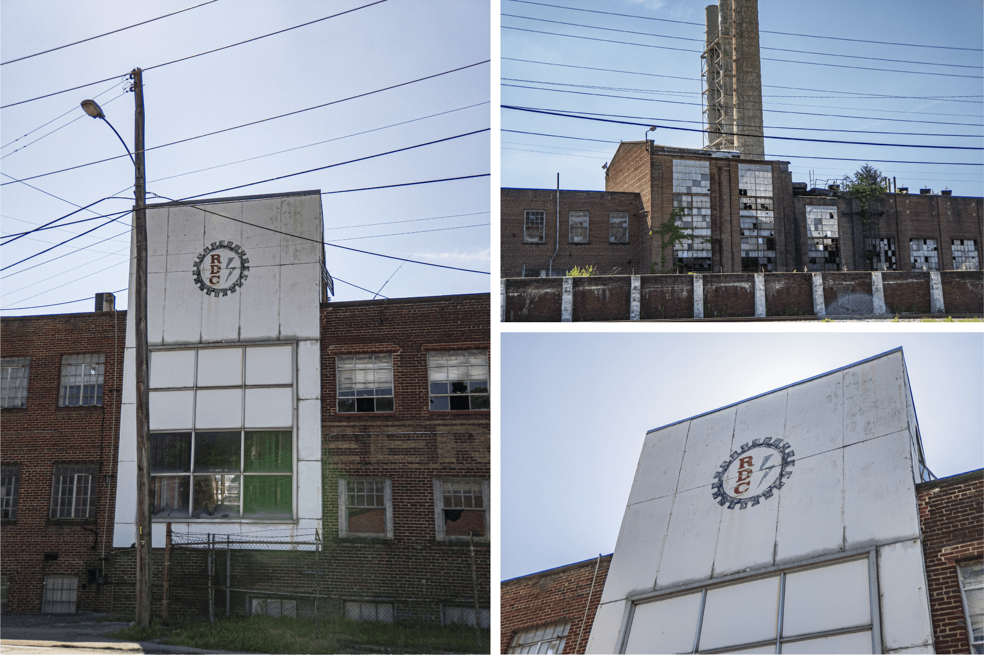 Grid of 3 images displaying the RDC logo emblazoned on the Pearless Wooden Mills building
