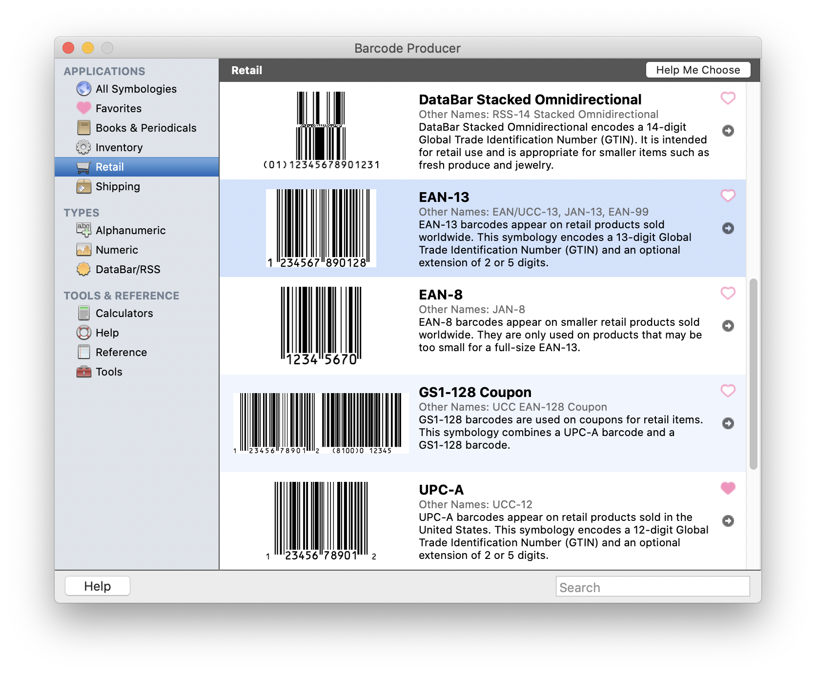 Retail Applications screen in Barcode Producer. EAN-13 is highlighted.
