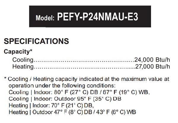 VRF Mini-Split Heat Pumps PEFY-P24NMAU Capacity