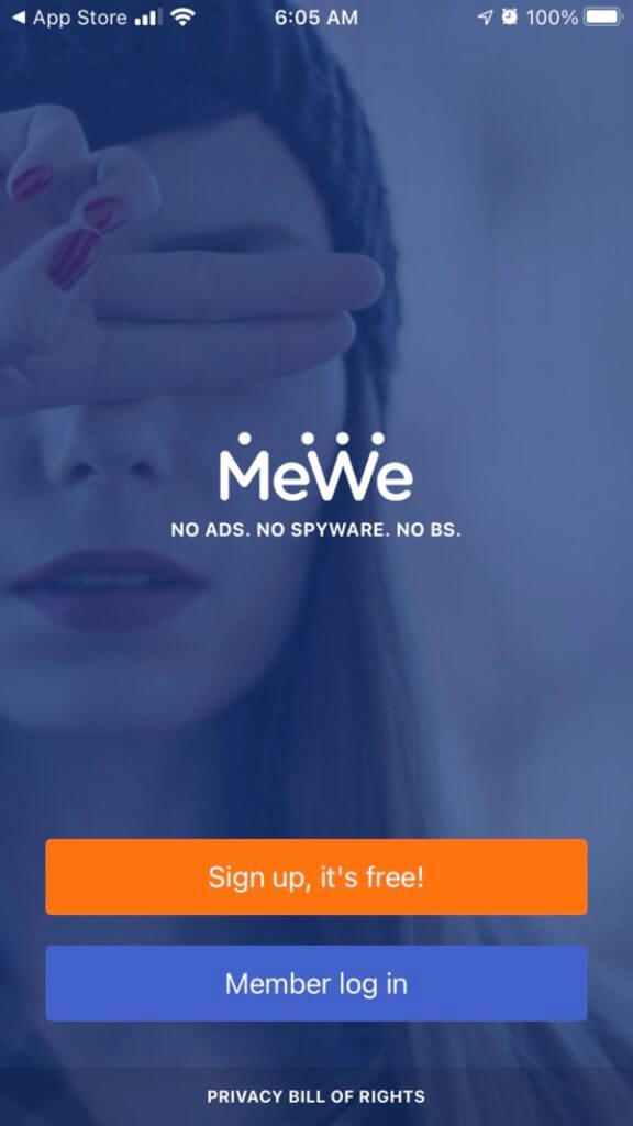 MeWe app Guide screen shot of Sign up, it's free! and Member log in