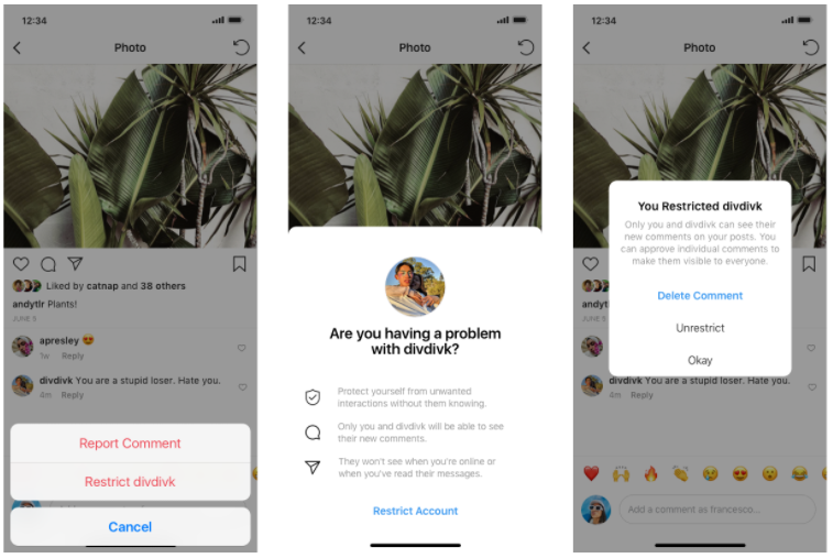 Sample images of Report Comment and Restrict user screen shots (Instagram blog)