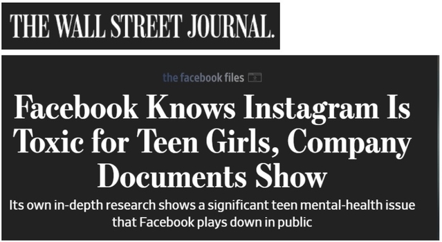 The Wall Street Journal headline: Facebook Knows Instagram Is Toxic for Teen Girls, Company Documents Show. Its own in-depth research shows a significant teen mental-health issue that Facebook plays down in public
