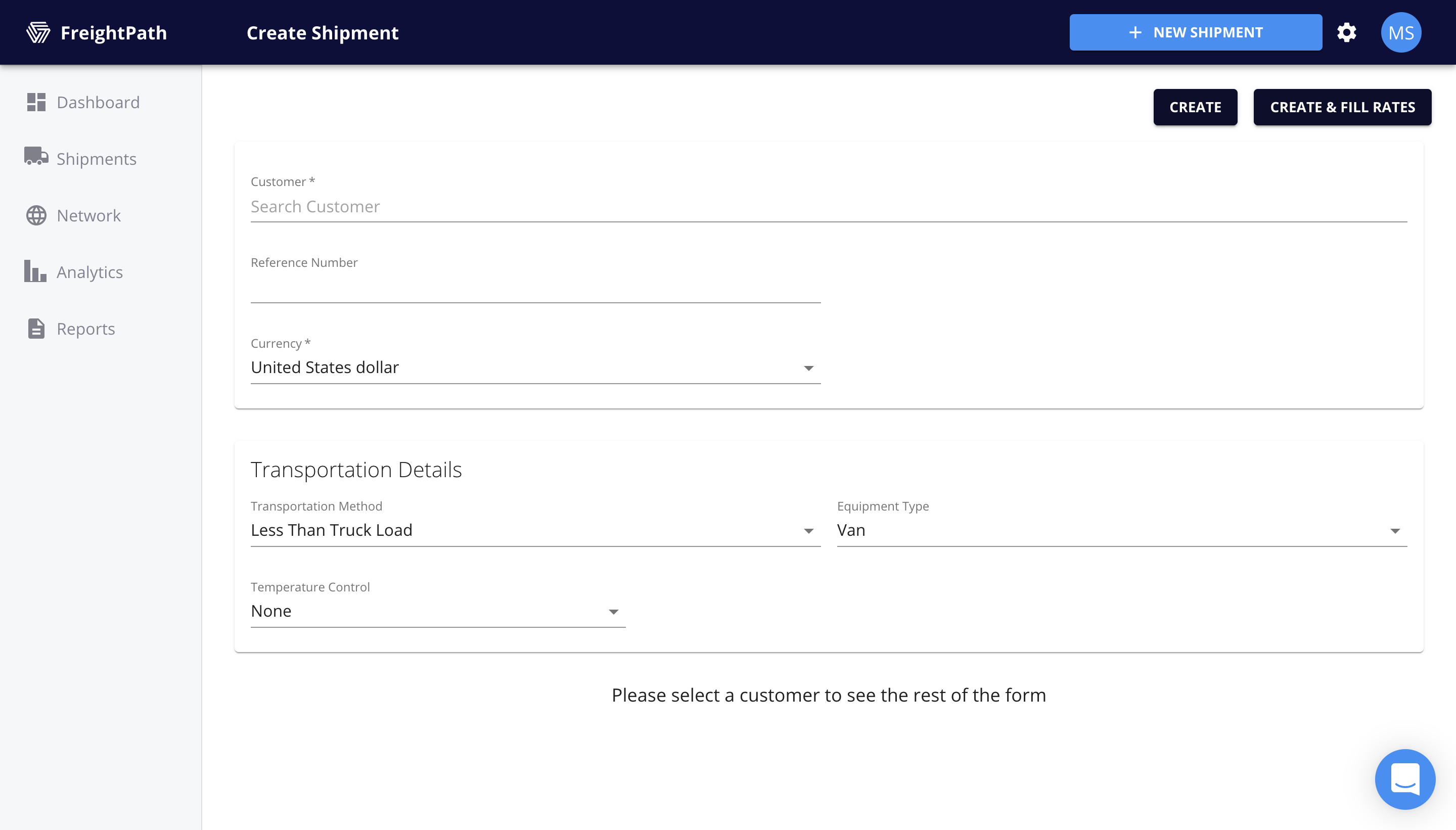 FreightPath Web Portal New Shipment Page