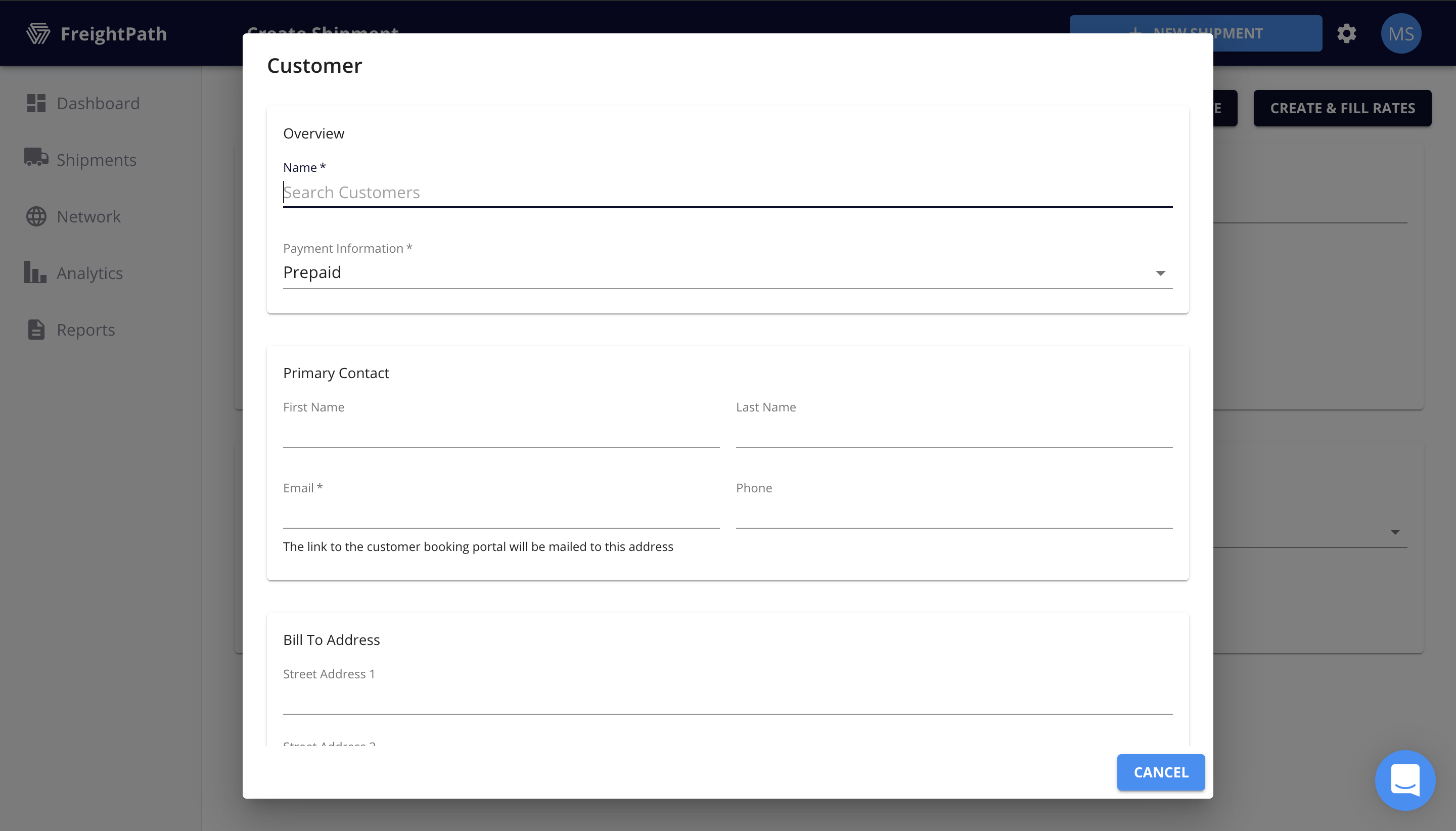 FreightPath Web Portal Customer Window