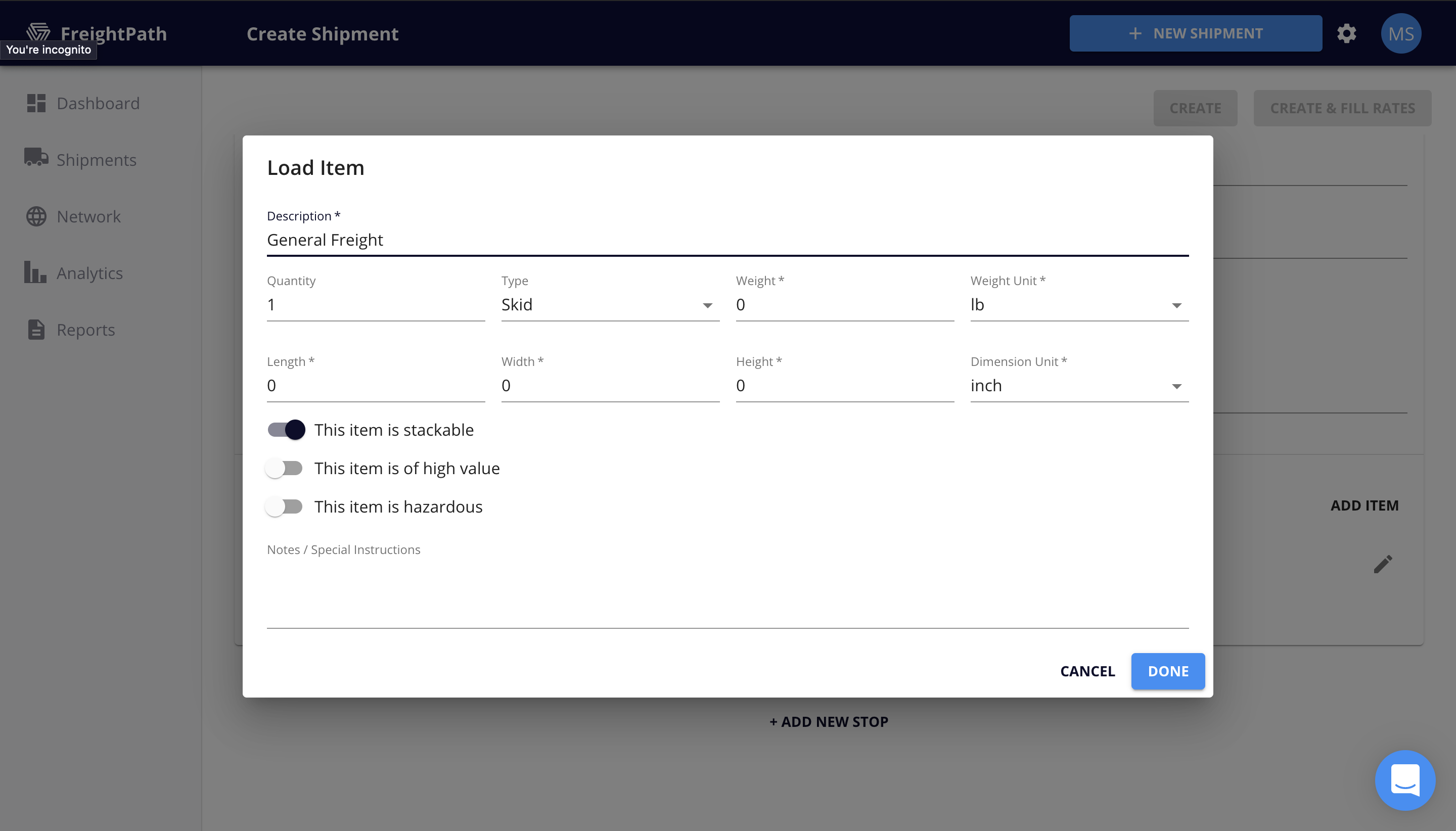 FreightPath Web Portal Load Item Window