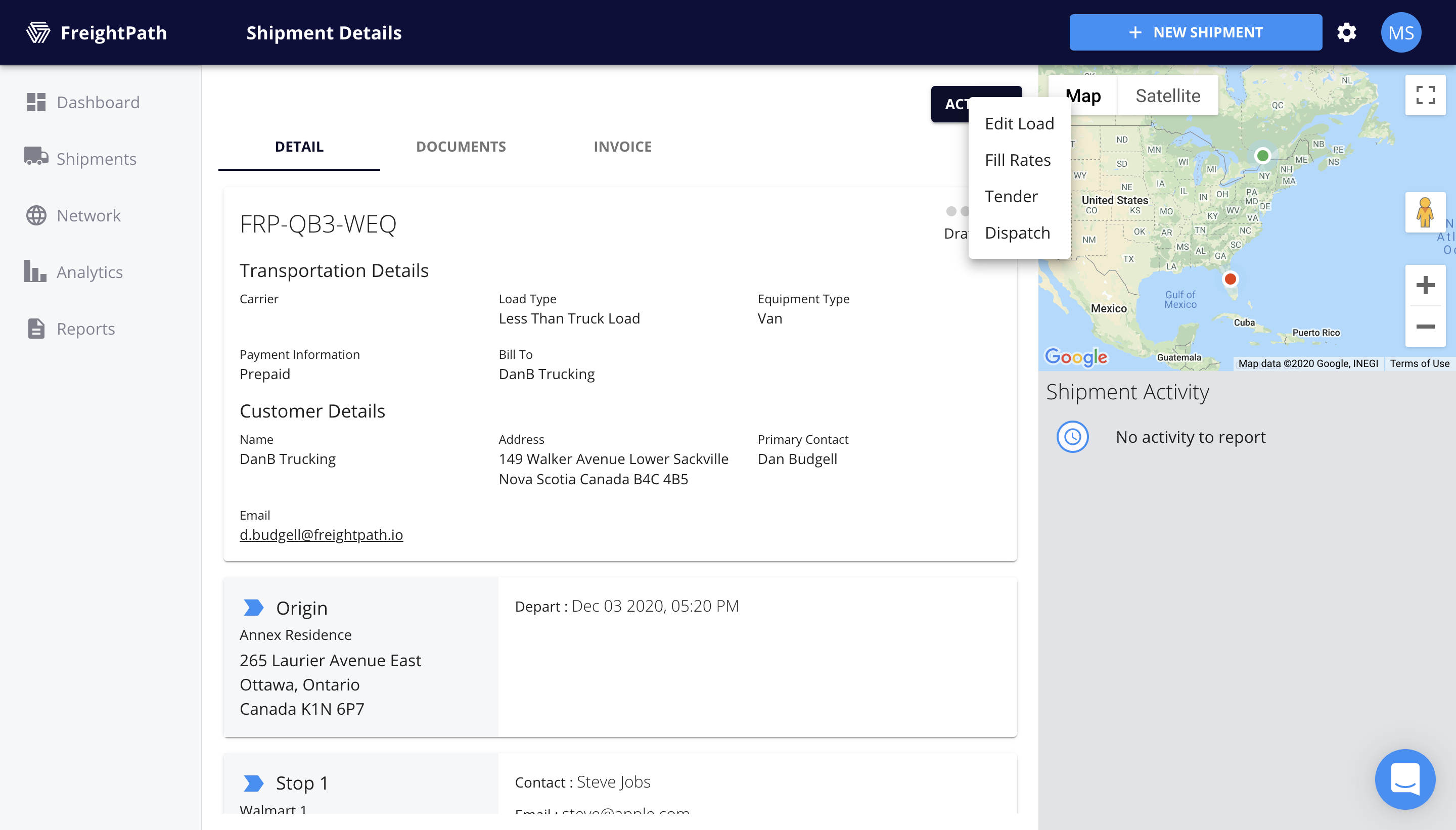 FreightPath Web Portal Shipment Details Page