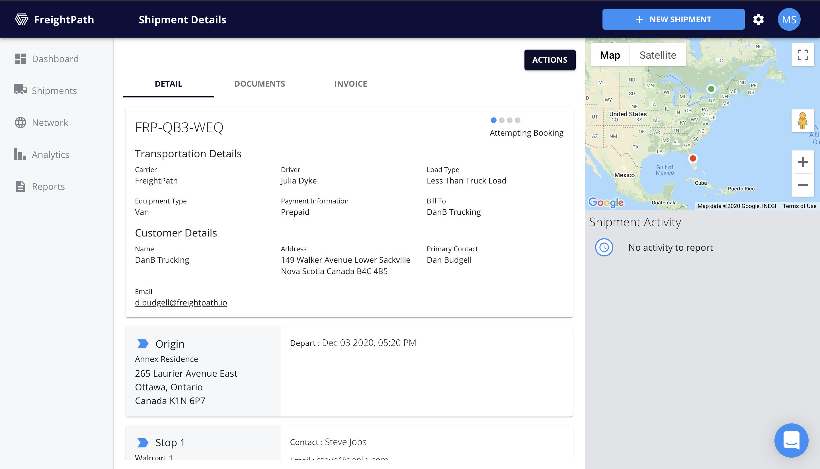 FreightPath Web Portal Shipment Details Page