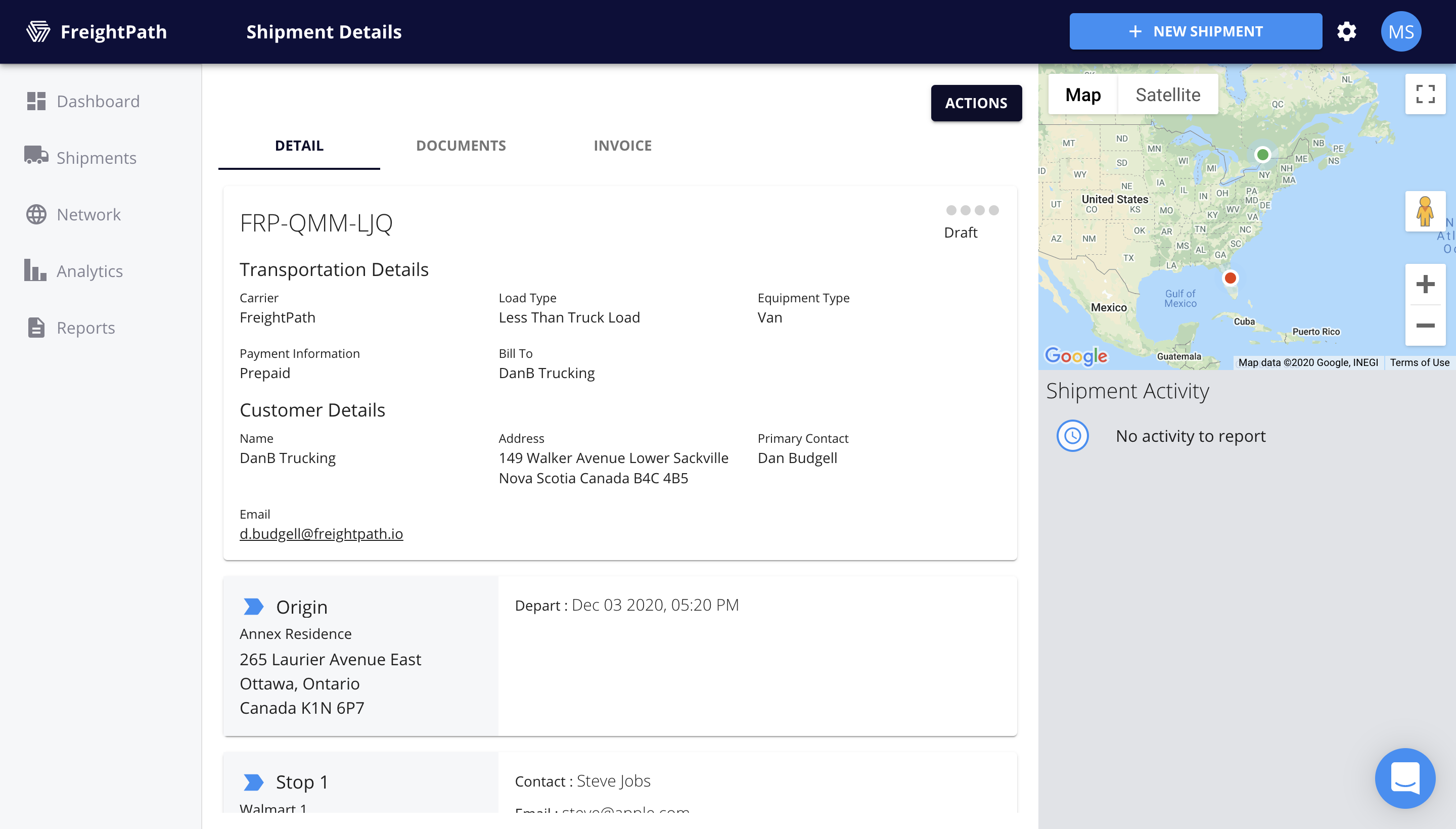 FreightPath Web Portal Shipment Details Page