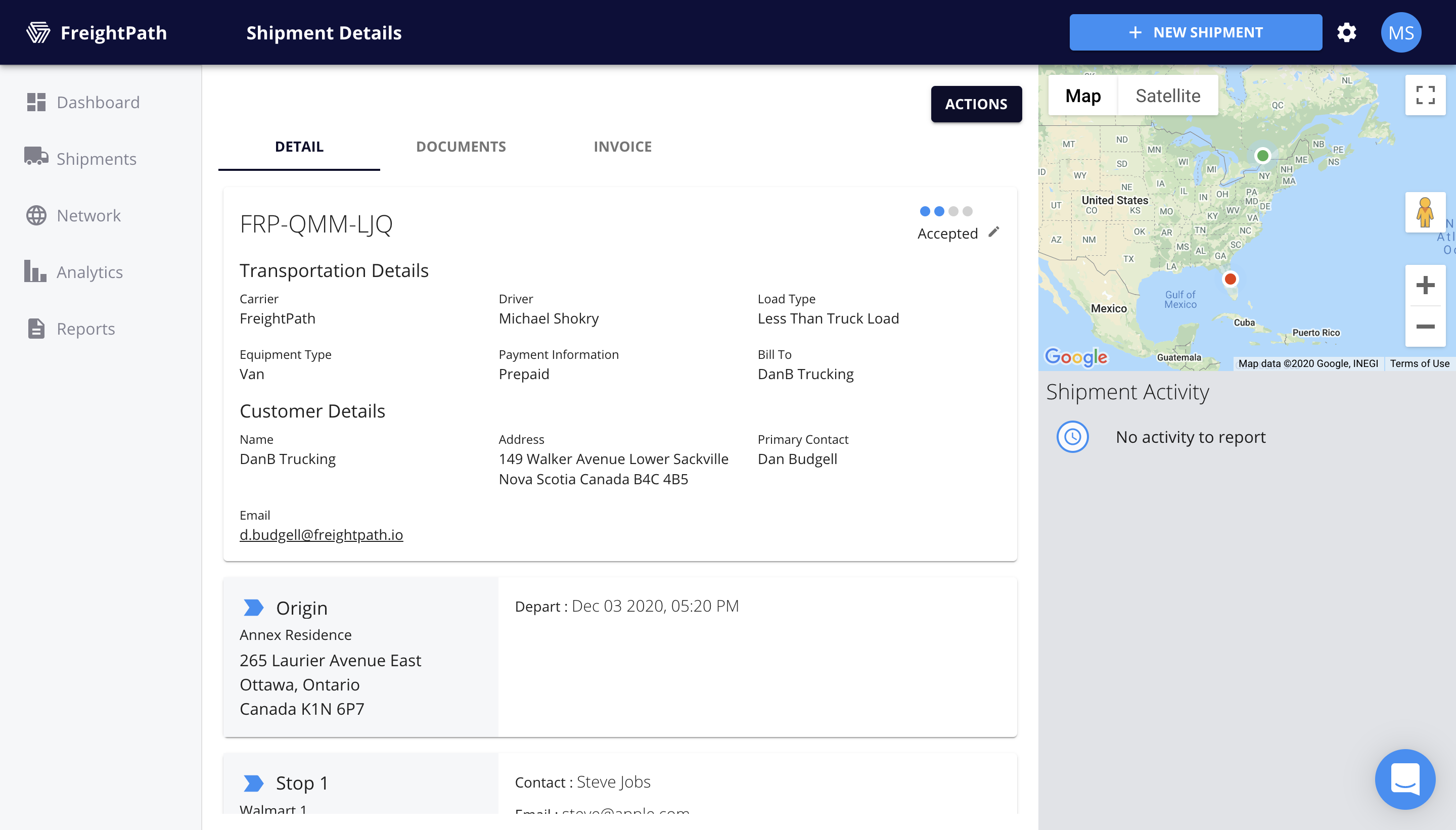 FreightPath Web Portal Shipment Details Page