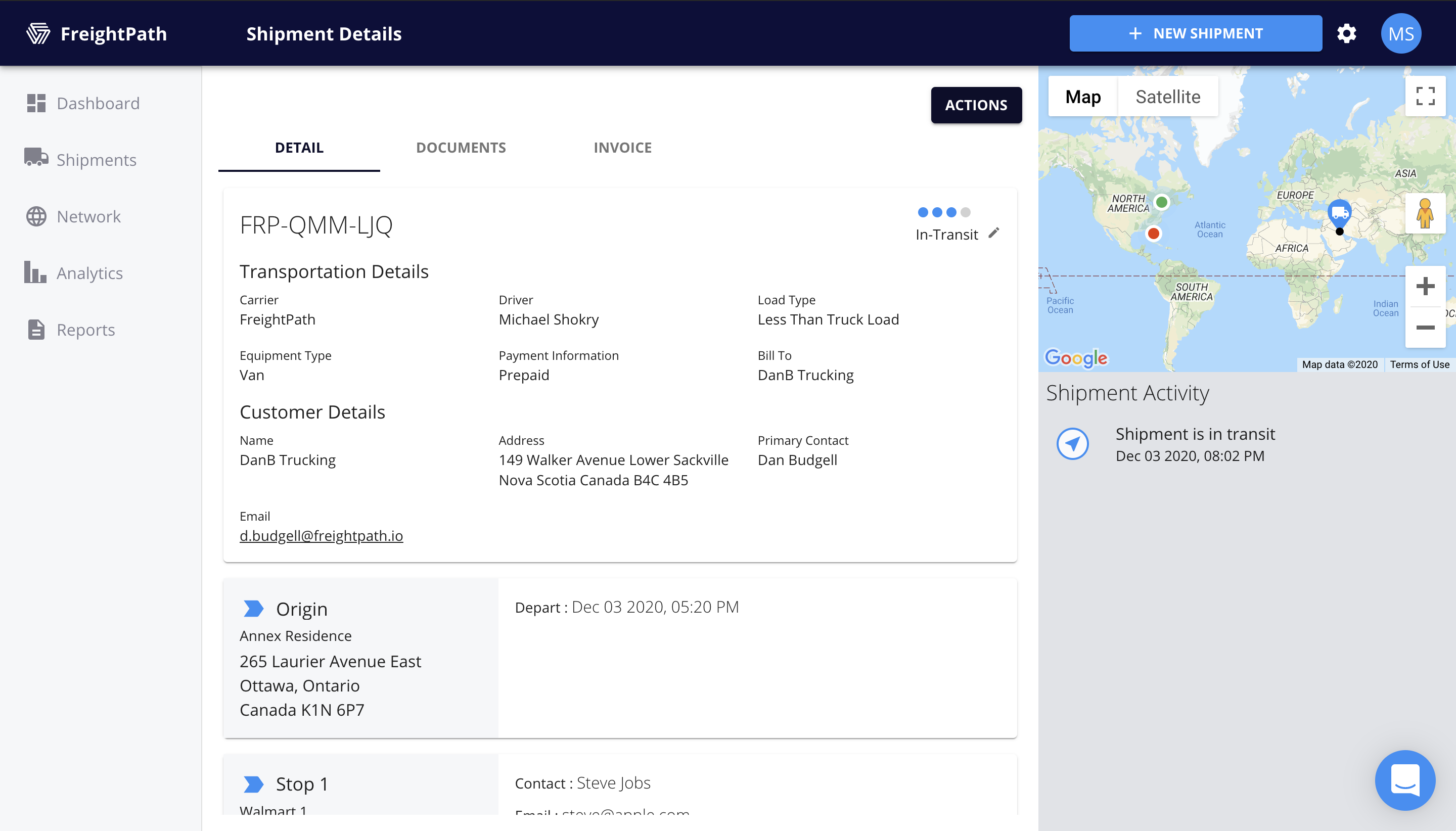 FreightPath Web Portal Shipment Details Page