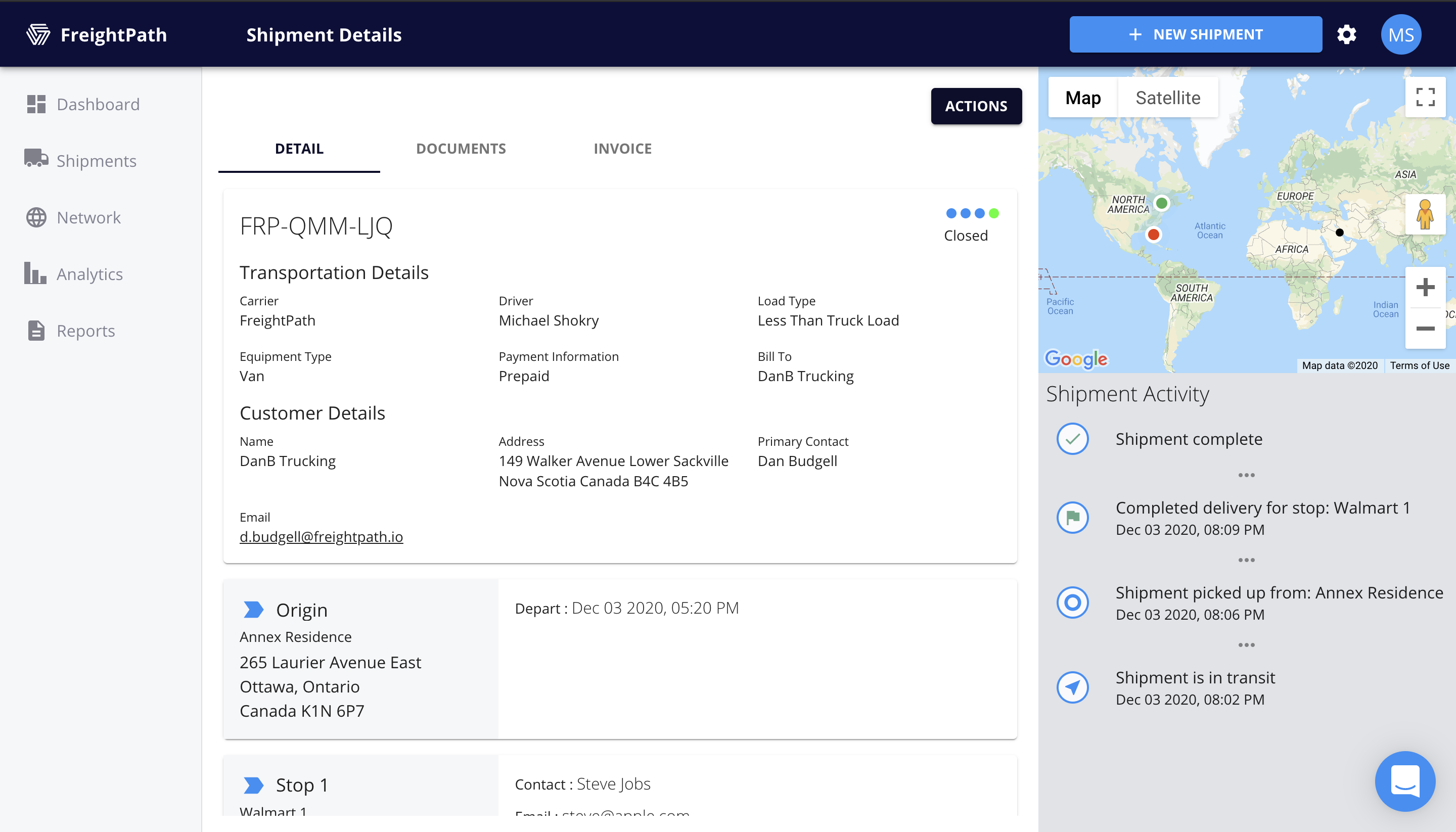 FreightPath Web Portal Shipment Details Page
