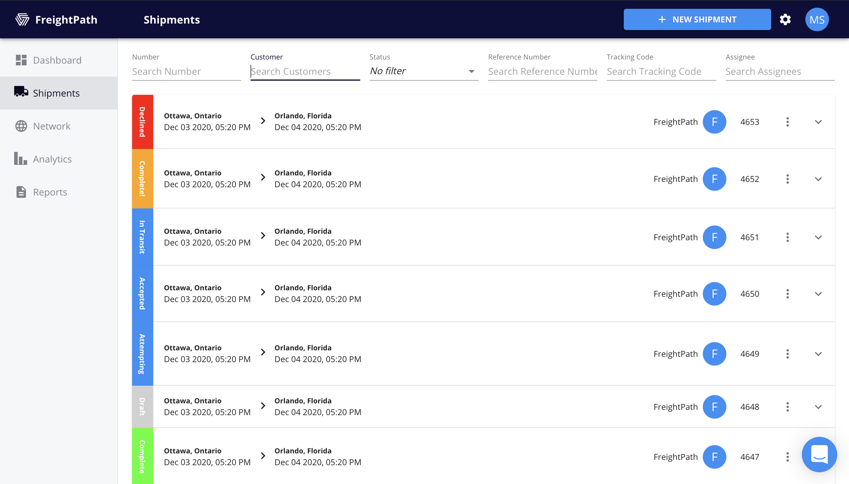 FreightPath Web Portal Shipments Page