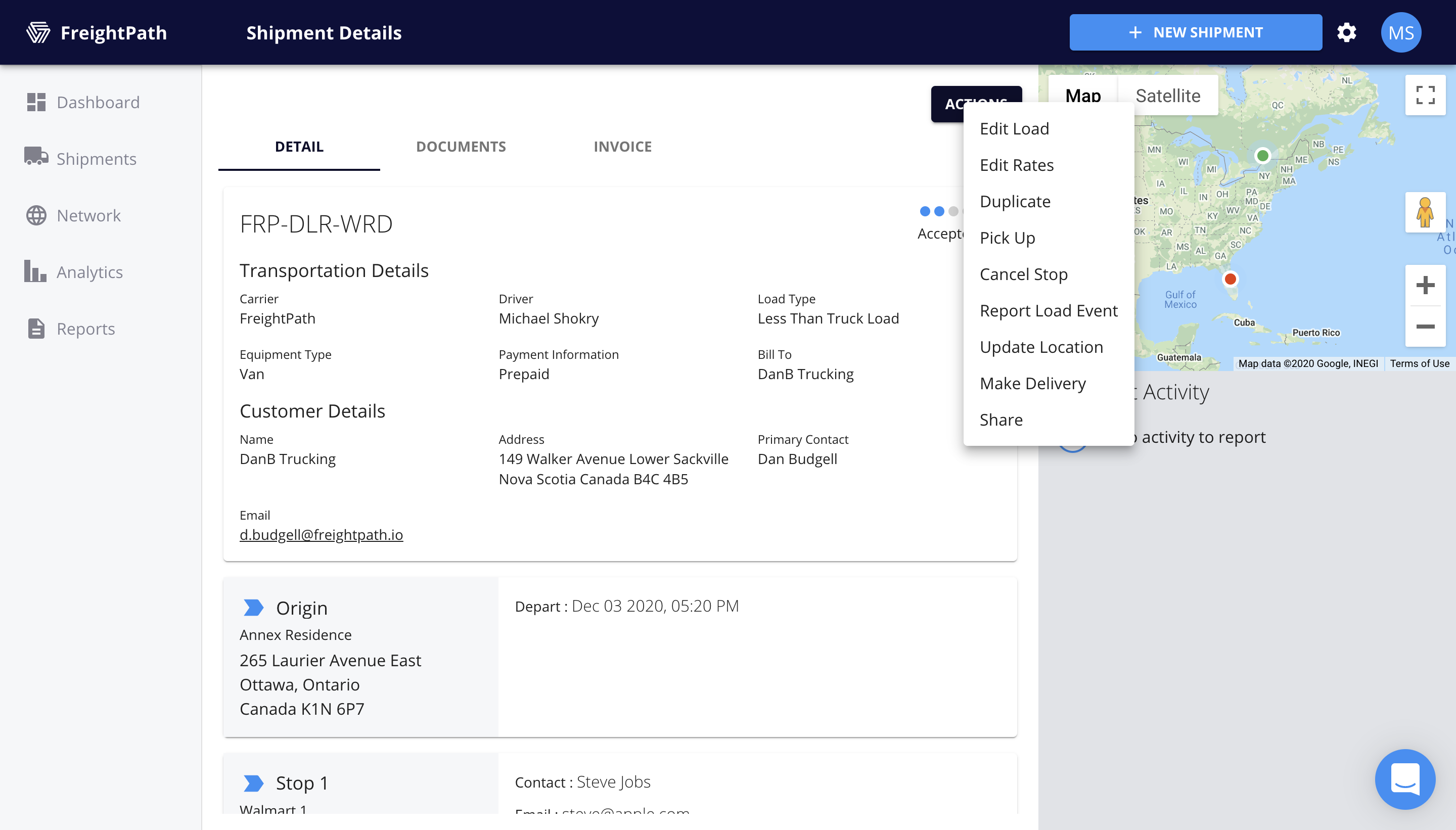 FreightPath Web Portal Shipment Details Page