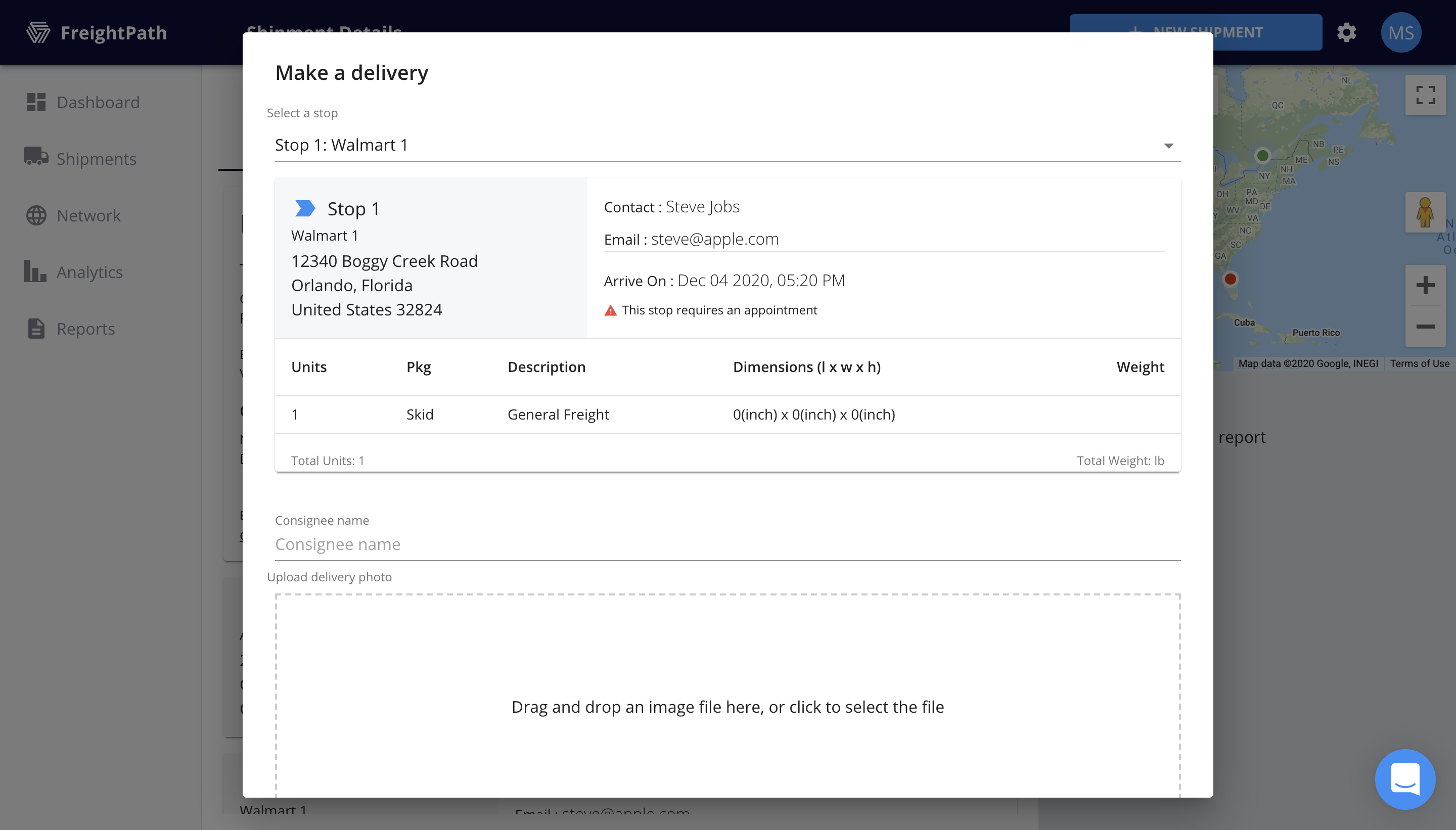 FreightPath Web Portal Make a Delivery Window