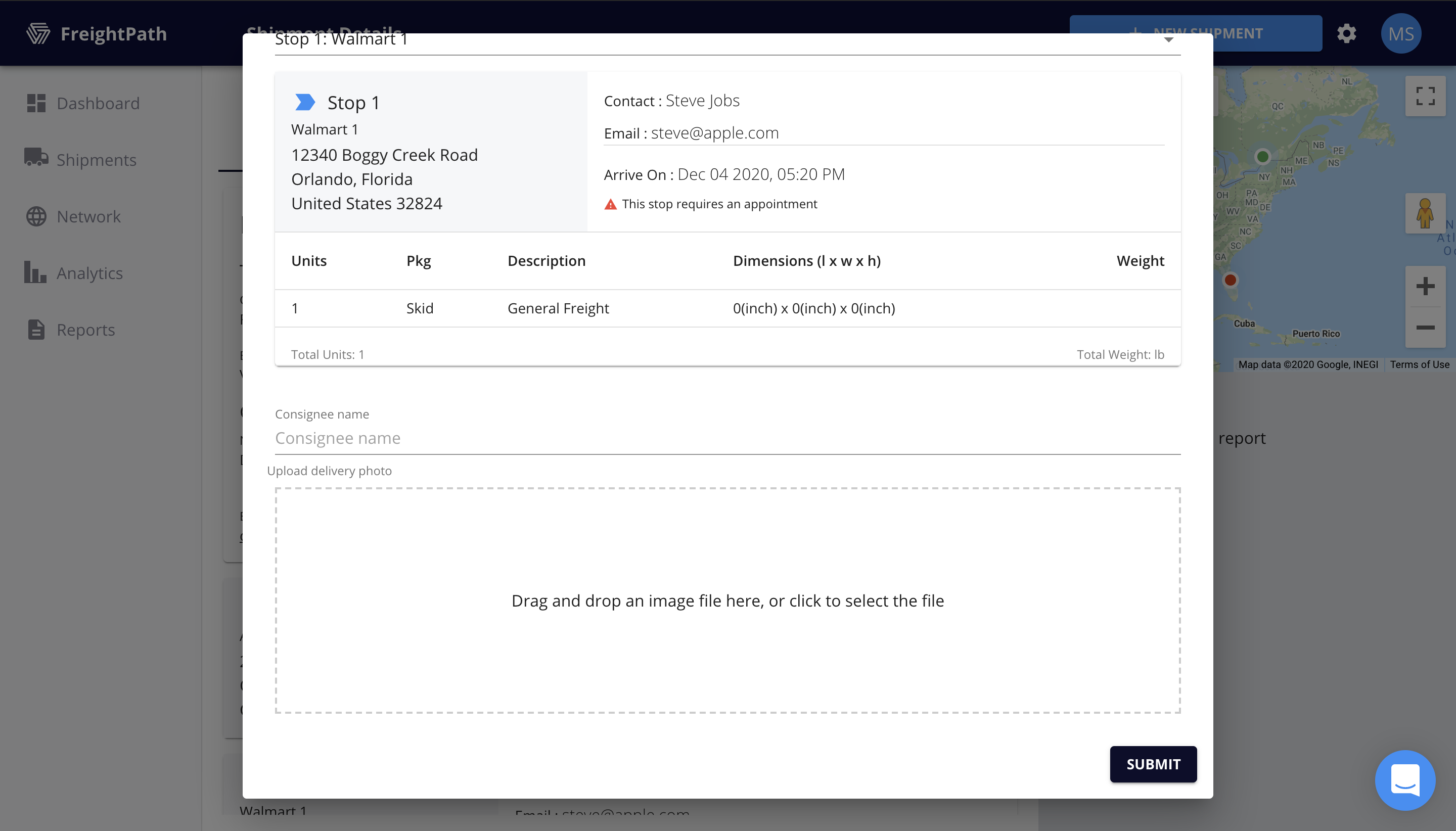 FreightPath Web Portal Make a Delivery Window