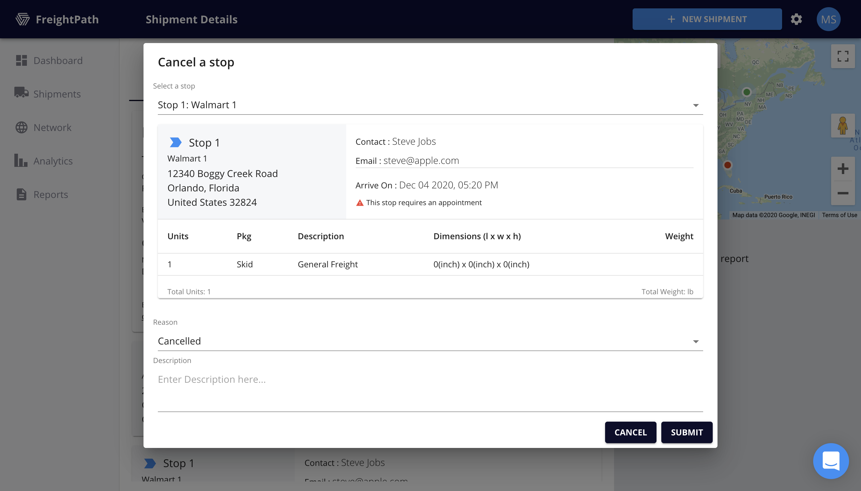 FreightPath Web Portal Cancel a Stop Window