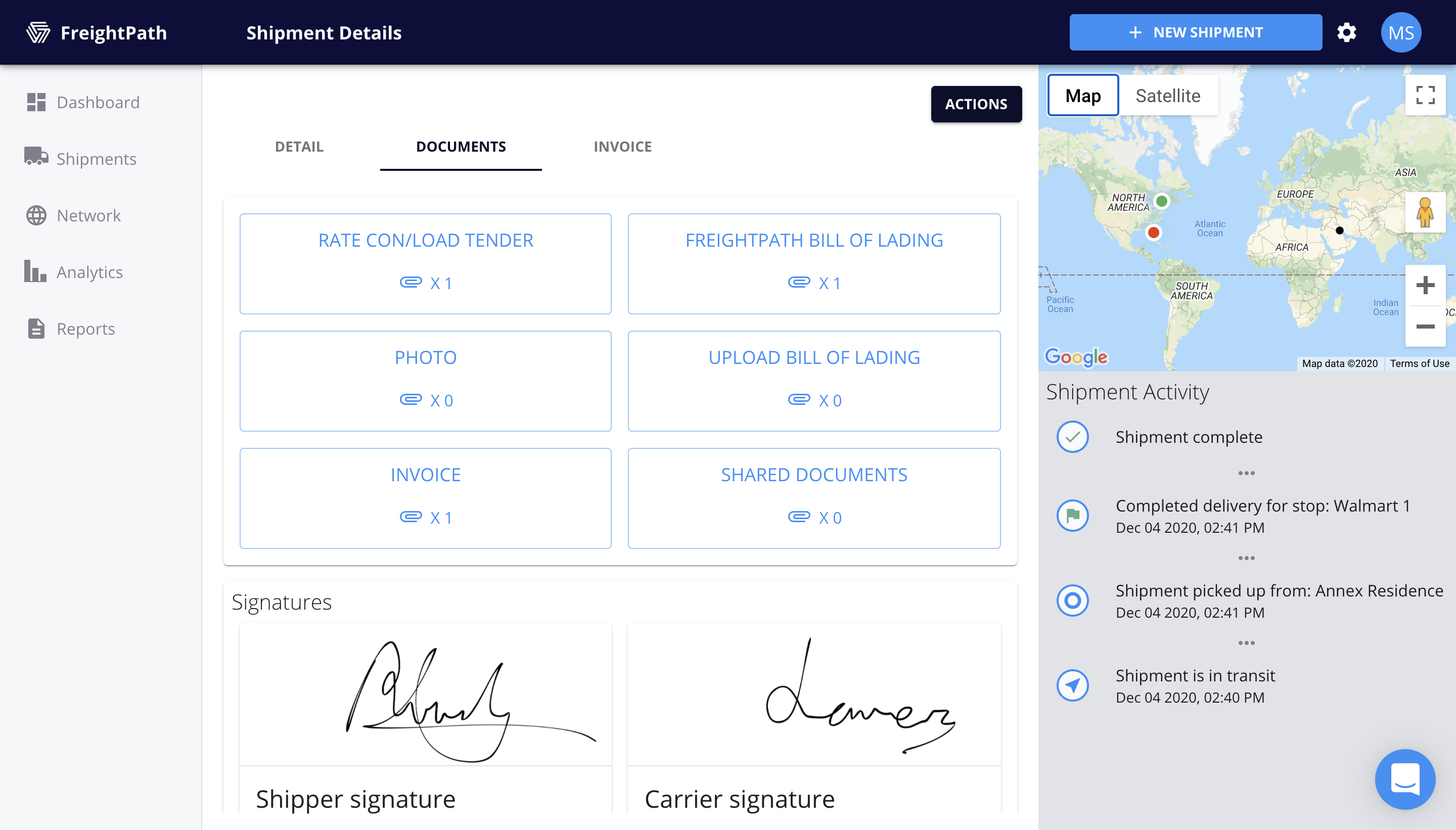 FreightPath Web Portal Shipping Details Page